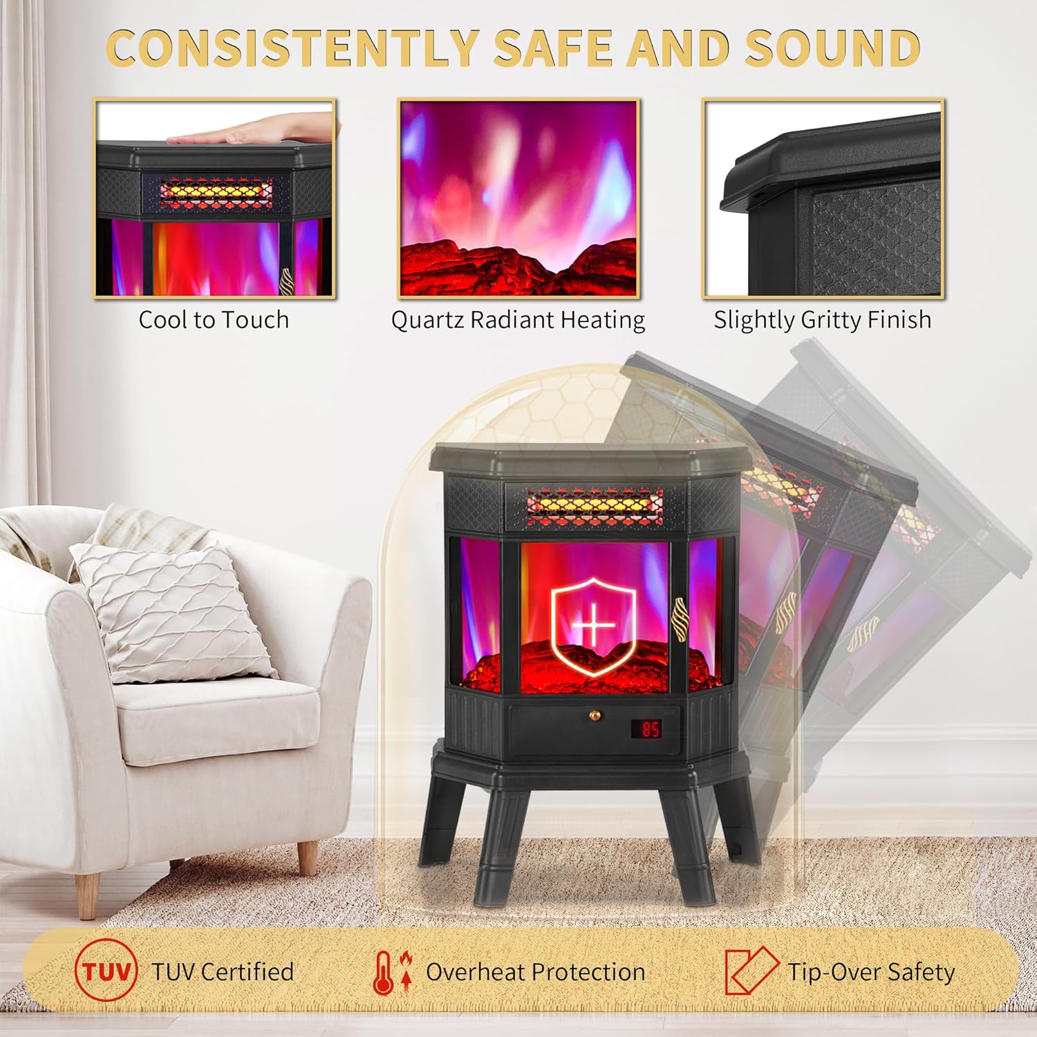 RealSmart Electric Fireplace Heater 22 in Freestanding Fireplace Stove Infrared Quartz Fireplace for Idoor Use with 3D Flame Effect Remoted Control, Timer, Overheating Protection Black