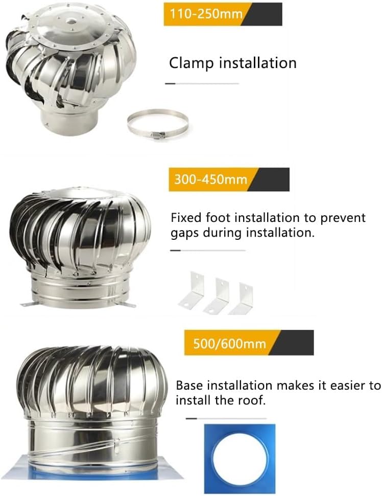 Stainless Steel 304 Roof Wind Turbine Rotating Non Power Ventilator Cap 4/6/8/10/12/18/24 Inch Rainproof Exhau