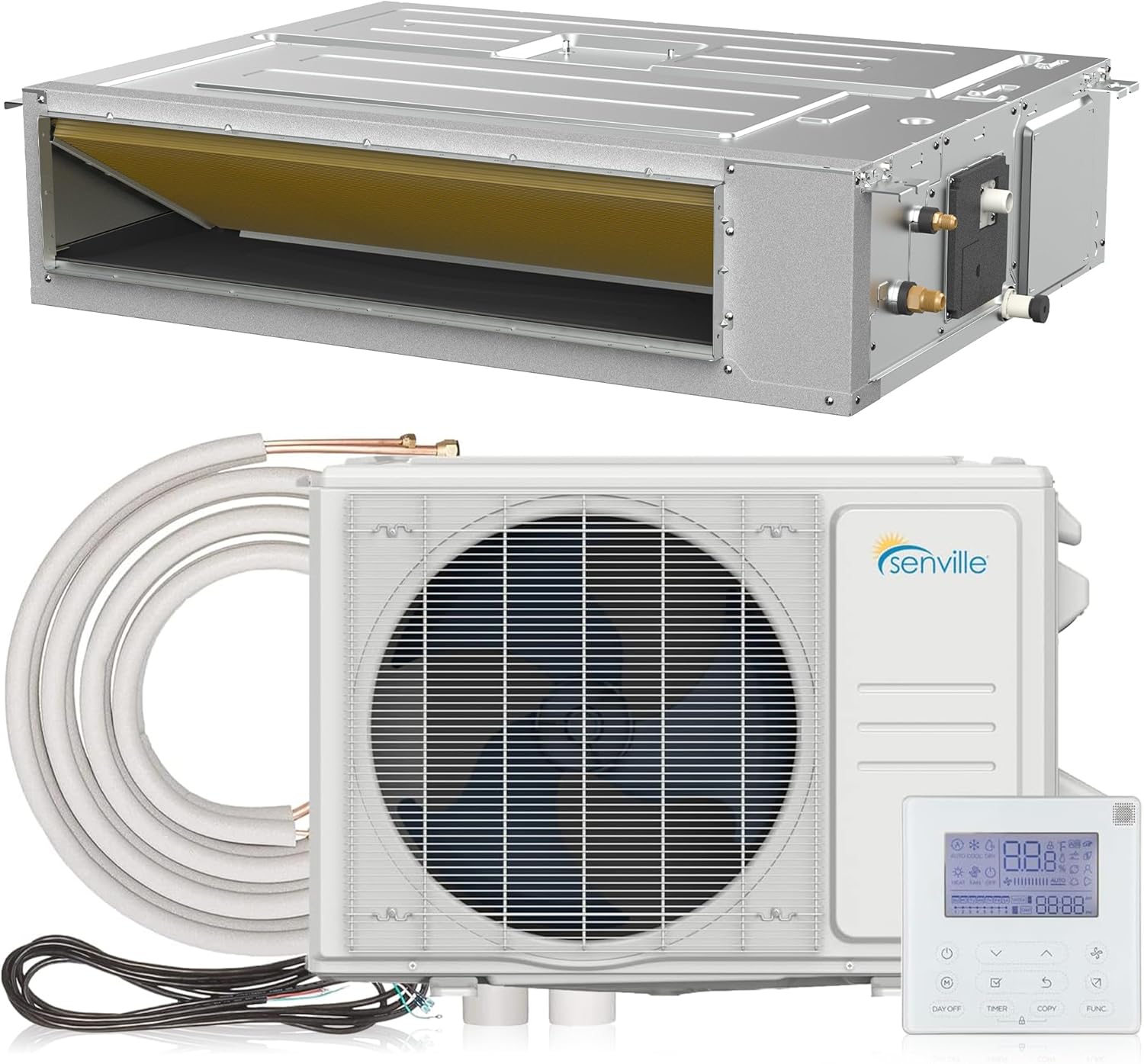 Senville 9,000 BTU Ducted Mini Split AC/Heating System, Concealed Duct, Built-in Water Pump, Wall Thermostat, 16 Ft. Installation Kit