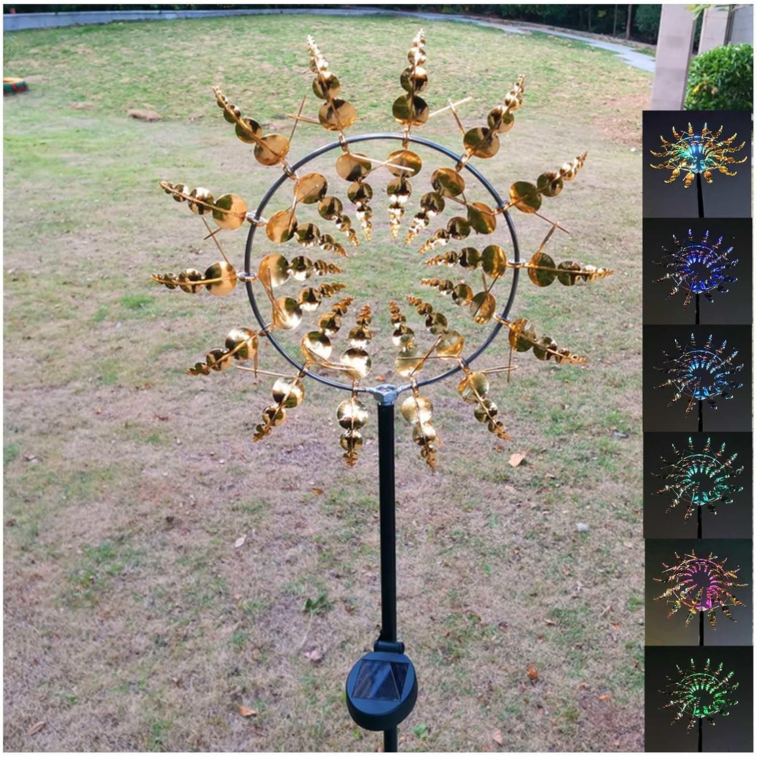 Solar Magic Windmill, Wind Spinner Outdoor 3D Wind Powered, 13.4 x 71in Garden Spinner,Gold