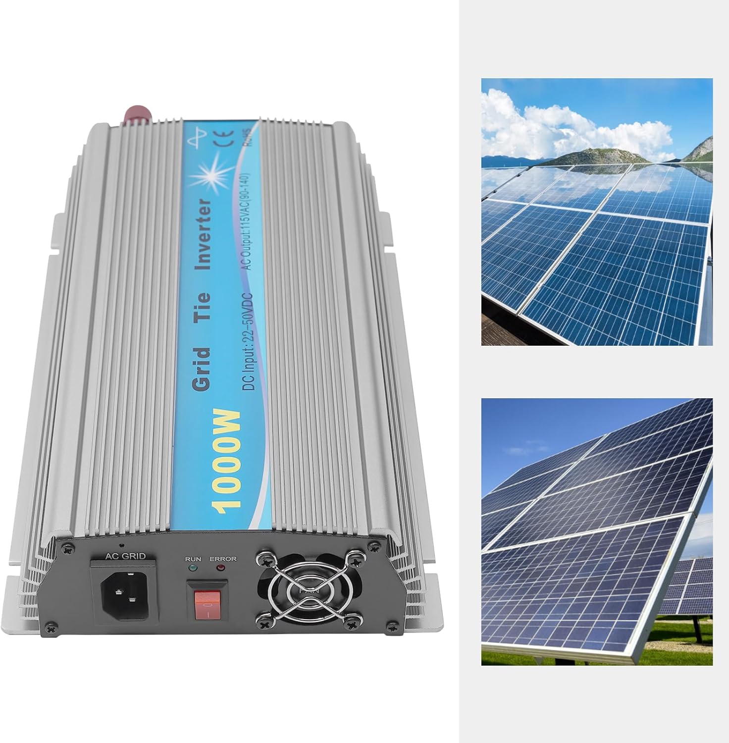 1000W Solar Grid Tie Micro Inverter, Solar Power Inverters w/Heat Dissipation Holes MPPT DC 22-50VDC PV Input, Automatic Identification Power Inverters for Residential, Commercial Areas