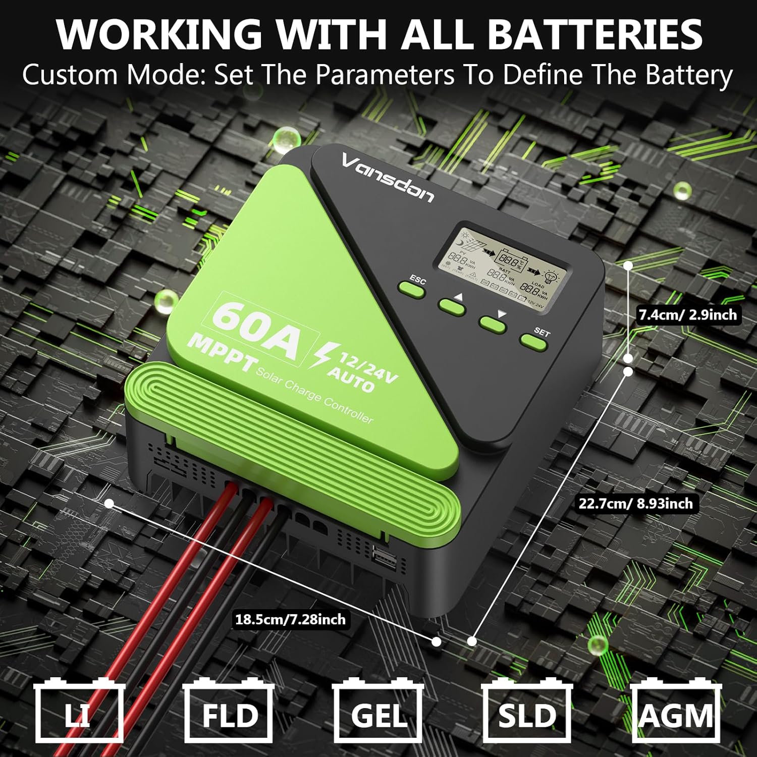 60A Solar Charge Controller 12V/24V MPPT Solar Charge Controller, Adjustable LCD with Timer, Dual USB Ports, for RV, Boat, Cabin, Off-Grid Systems, Compatible with FLD/LiFePO4/SLD/GEL/AGM