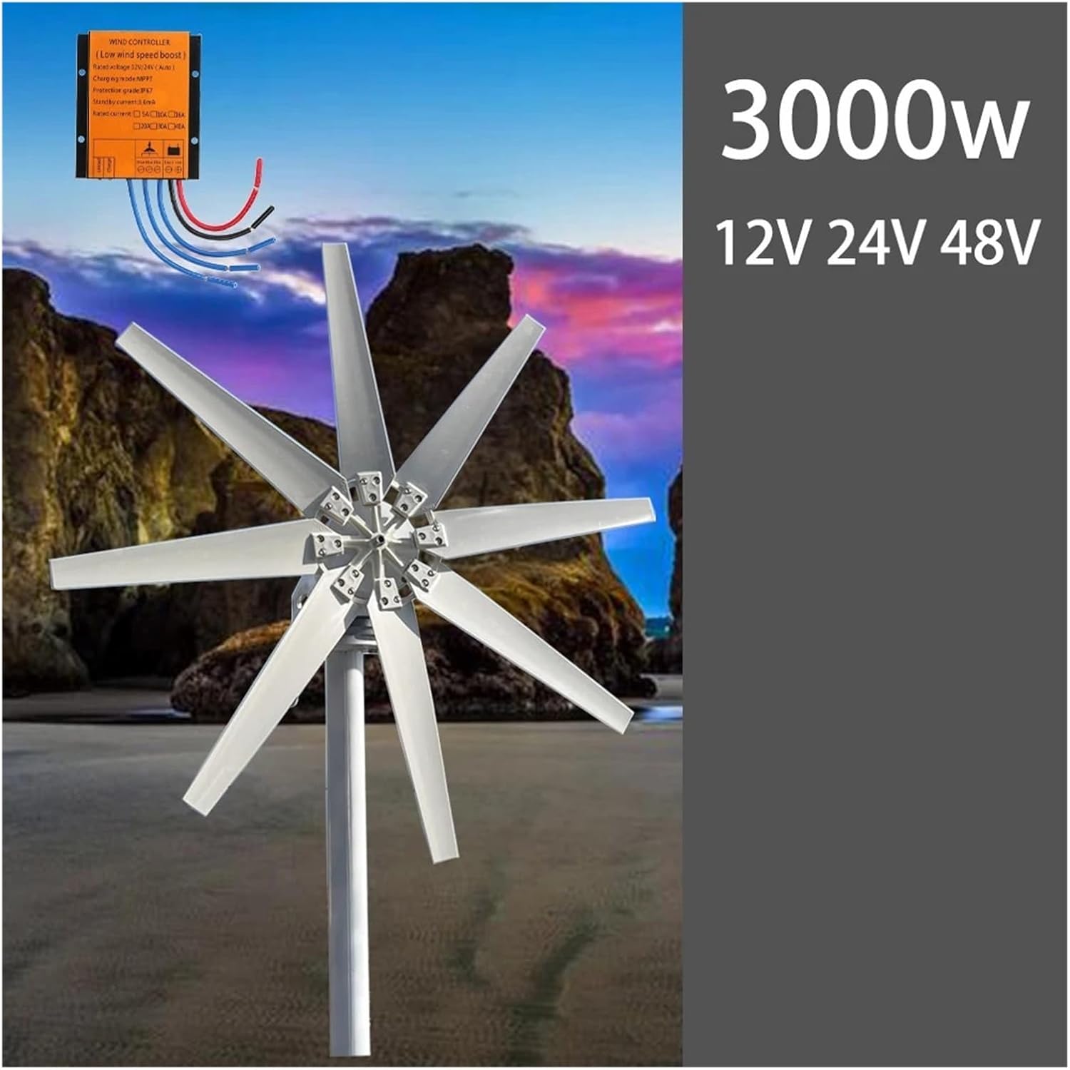 3000W 5000W Wind Turbine Generators Kit Horizontal Axis Wind Turbine 48V/24V Alternative Energy Generator AC Output Household Farm Complete Kit Industrial Energy(White Blades,12V_1000W)