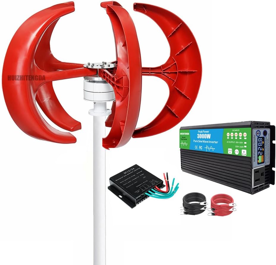 3000W Wind Turbine Generator Kit for Outdoor Use Red 12V/24V/48V/220V Vertical Lantern Noiseless Generator Windmill with Controller and Power Inverter Converter