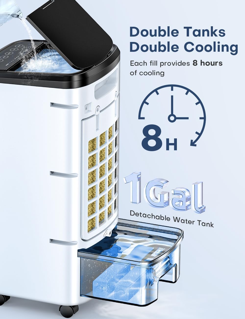 Evaporative Air Cooler, Swamp Cooler Air Conditioner w/12H Timer for Auto-off, 6 Upgraded Ice Packs, 3-Speed Windowless AC, Smart Remote, DualTank Portable Air Cooler for Room, 65 watts, White