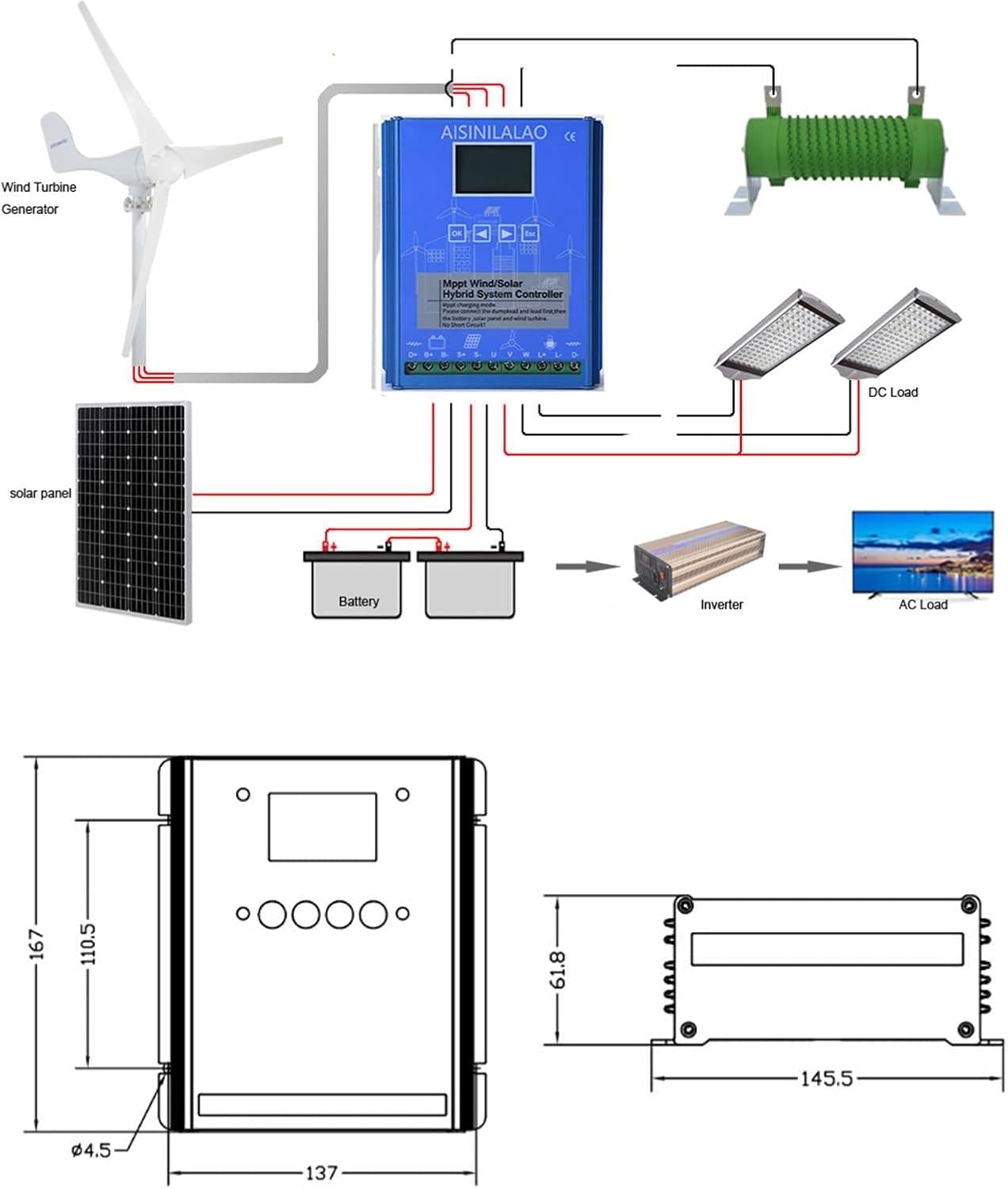 10000W Wind Solar Hybrid System with MPPT Charge Controller, 12V/24V/48V Auto Regulator for Wind Turbine & Solar Panel, Efficient Dump Load Management, Ideal for Off-Grid Power Solutions