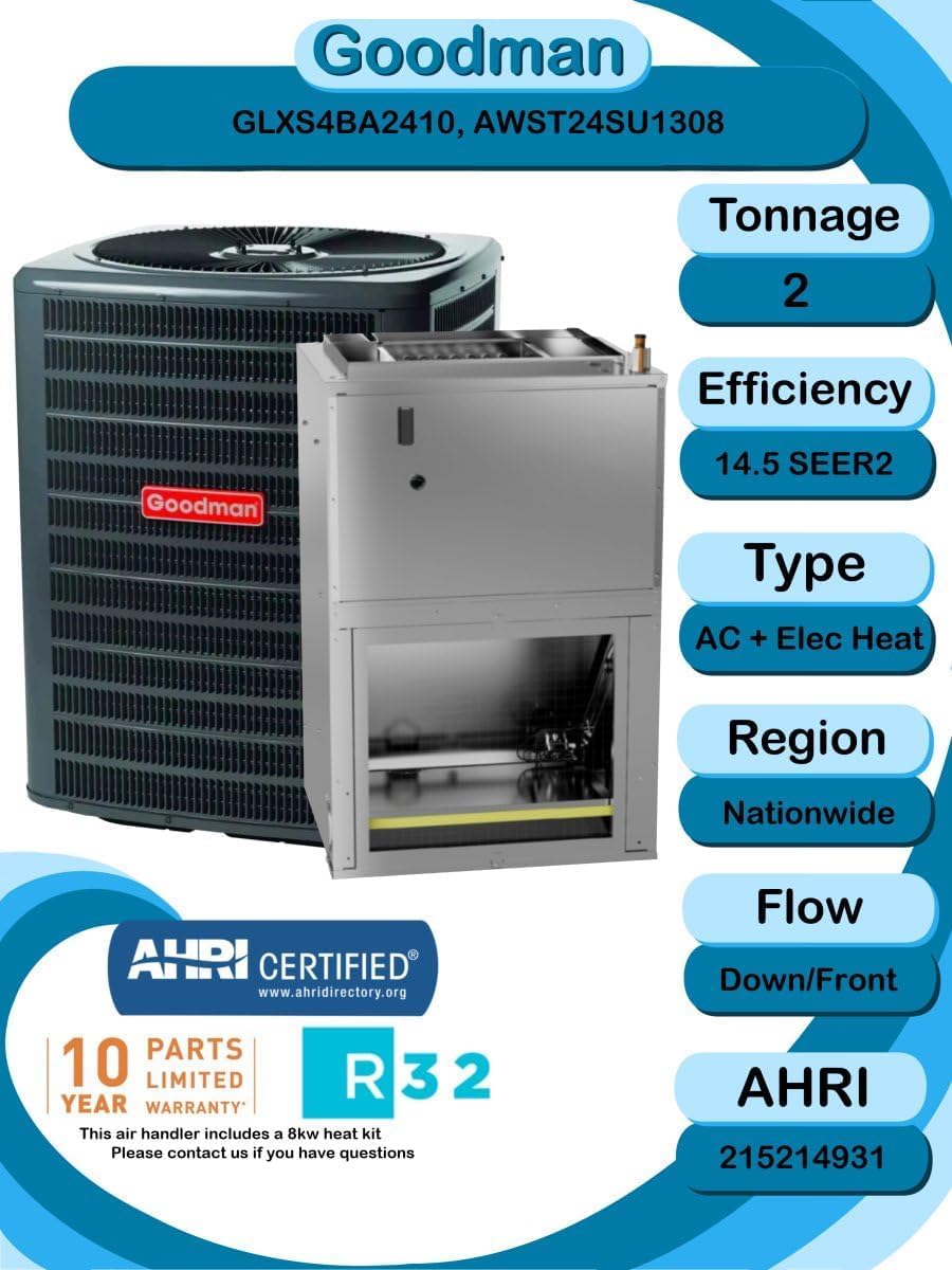 Goodman 2 TON 14.5 SEER2 R-32 AC Only System and Front or bottom return air handler with 8kW heat kit (GLXS4BA2410 condenser and AWST24SU1308 air handler)