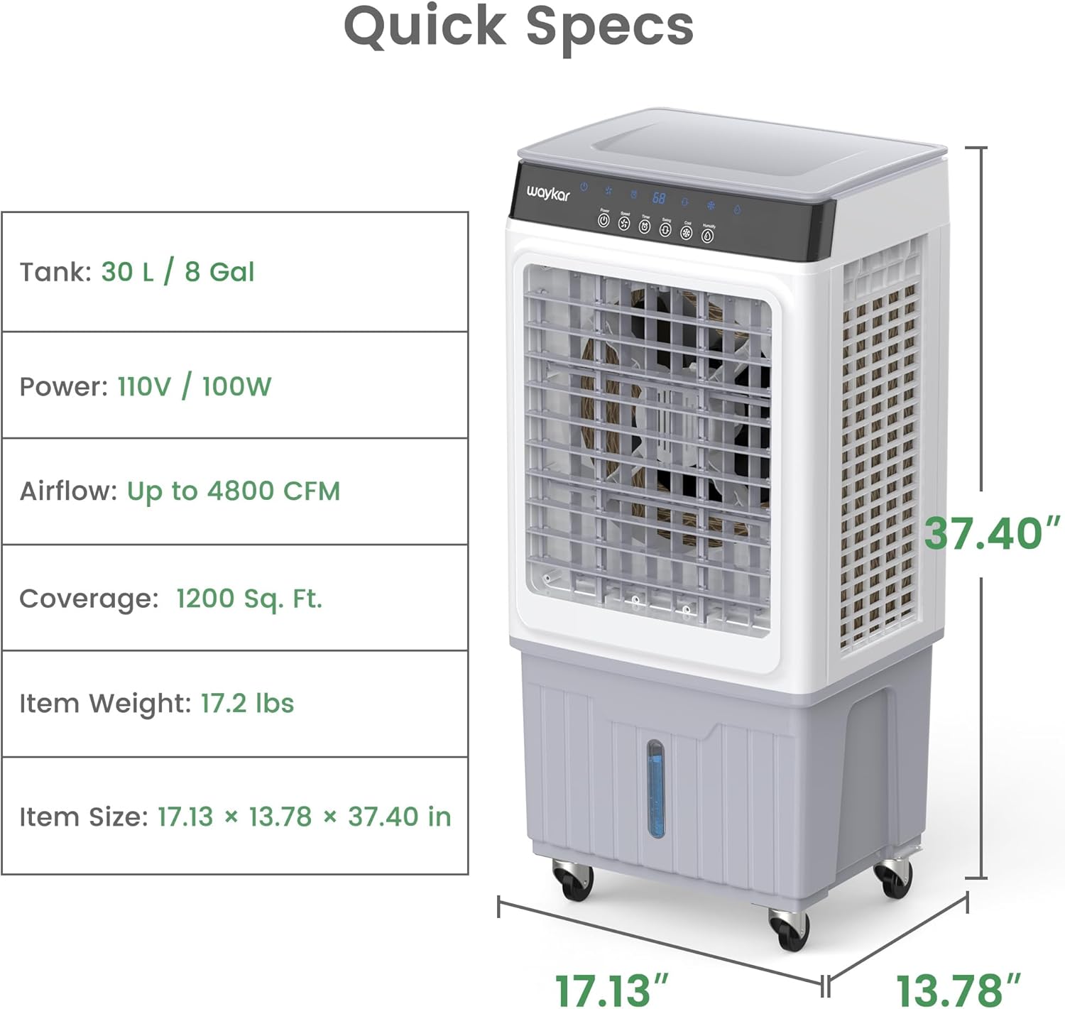 Waykar Swamp Cooler, 4800 CFM Evaporative Air Cooler with 8 Gals Water Tank, 1200 Sq.Ft. Portable Air Conditioner with 4 Ice Pack, 120°/60°Oscillation, 3 Models for Garage, Yard