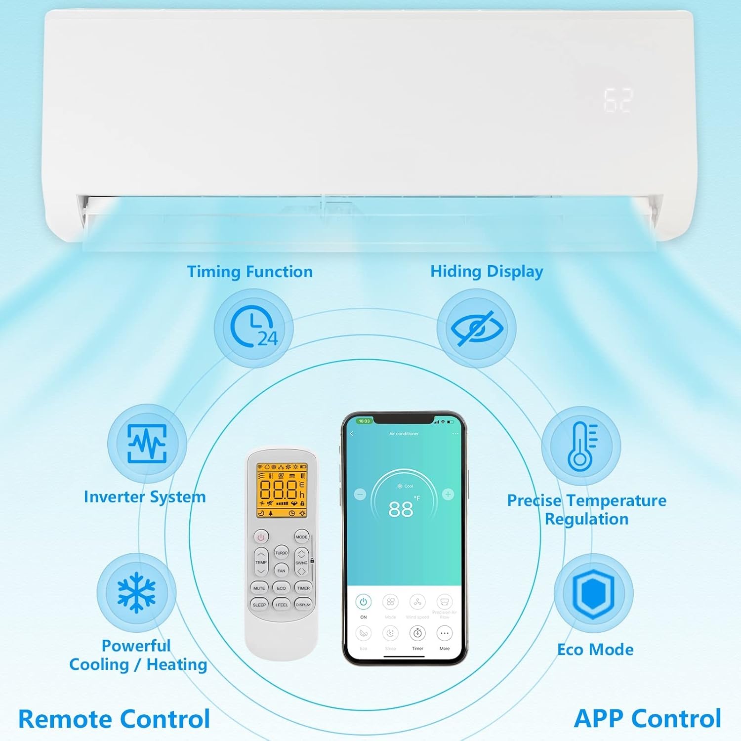 12,000 BTU Wifi Enabled Mini Split AC/Heating System with Inverter, 19 SEER 115V Energy Saving Ductless Split-System Air Conditioner with Pre-Charged Condenser, Heat Pump & Installation Kit