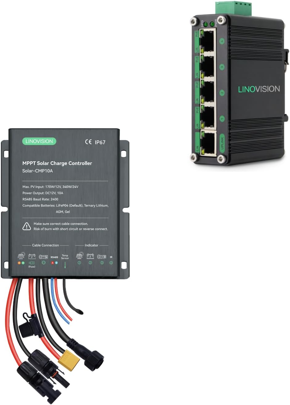 LINOVISION Industrial 5 Ports Gigabit Solar PoE Switch with MPPT 12V/24V 10A Solar Charge Controller