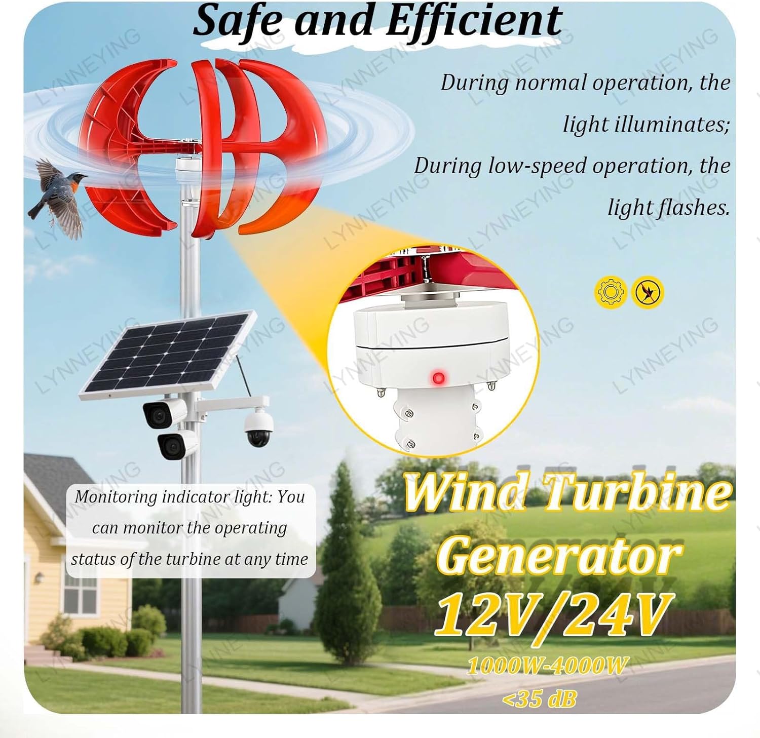 12V/24V Wind Tur-Bine for Off-Grid Home, 5-Blade Generator Kit with 2000W Inverter, Lantern-Type, Low Noise, High Efficiency for Home, Camping, Marine Applications(DC,3000W24V)