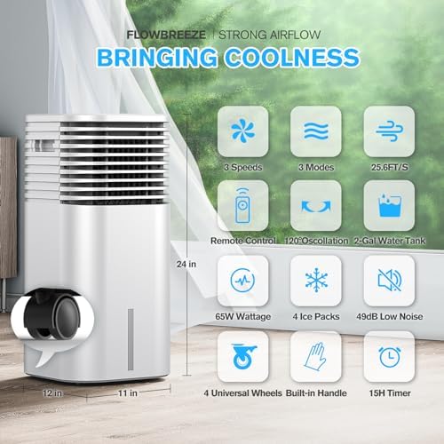 Windowless Portable Air Conditioner, 15H Timer & 120°Oscillation, 3-IN-1 Portable AC Unit with Remote, 2-Gal Tank, 3 Modes & 3 Speeds, Ultra-Quiet 24