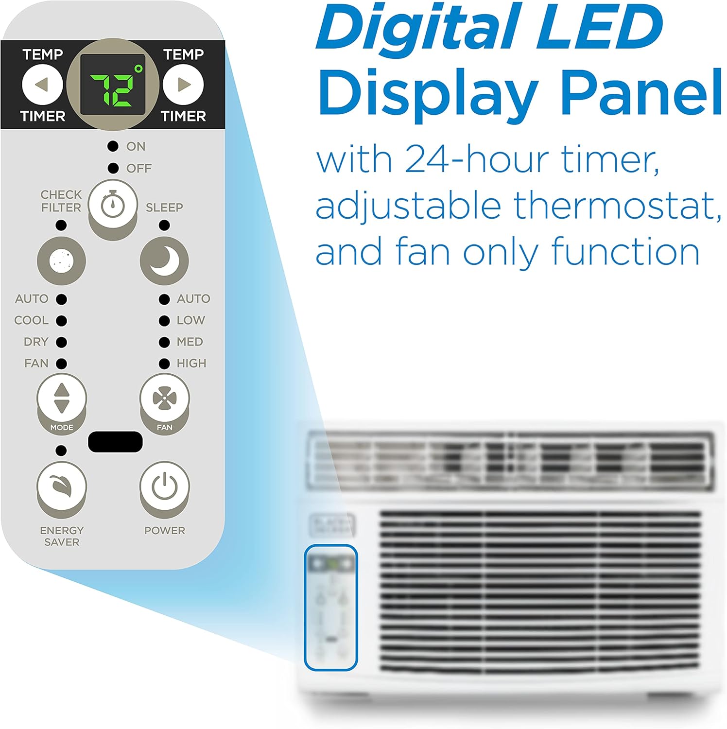 BLACK+DECKER Window Air Conditioner 8000 BTU, AC Window Unit Cools Up to 350 Square Feet, Window AC Unit with Remote Control, 3 Cooling Speeds and Fan Only Function, BD08WT6, White