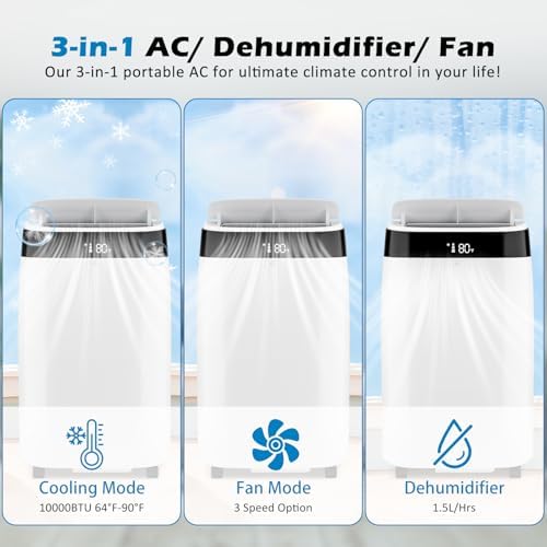 10000 BTU Portable Air Conditioners Cool Up to 450 Sq.Ft, 3 IN 1 Portable AC Unit with Dehumidifier & Fan Mode/Remote Control/LED Display/ 24Hrs Timer/Window Installation Kit for Room Indoors