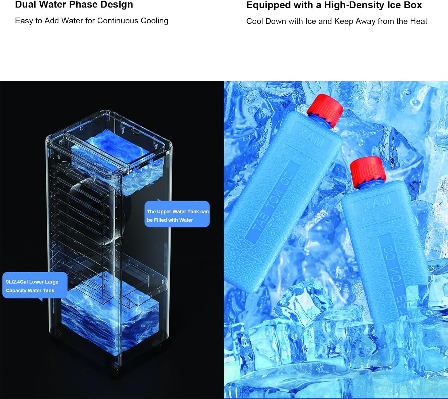 Swamp Cooler Air Conditioner Portable, 3-in-1 Evaporative Air Cooler, 3 Speeds 3 Modes, 90° Oscillation, 15h Timer, 2.4 Gal, 2 Ice Packs, Remote & Touch Control, Evaporative Cooling Fan