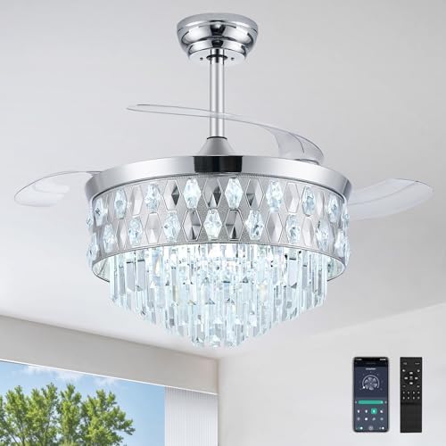 42 Inch Fandelier Ceiling Fan with Light, Chandelier Fan for Bedroom Living Room, Retractable Ceiling Fan with Lights, 6 Wind Speeds, LED Dimmable, Memory and Timing Function-Chrome