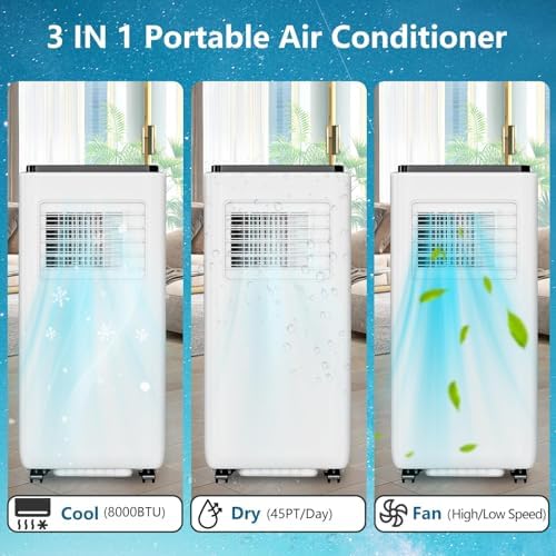 Portable Air Conditioner 8000 BTU, 3-In-1 Standing Air Conditioner with Air Cool & Dehumidifier & Fan Modes, Floor AC Unit or Room Up to 350 Sq. Ft, Portable AC with Remote Control