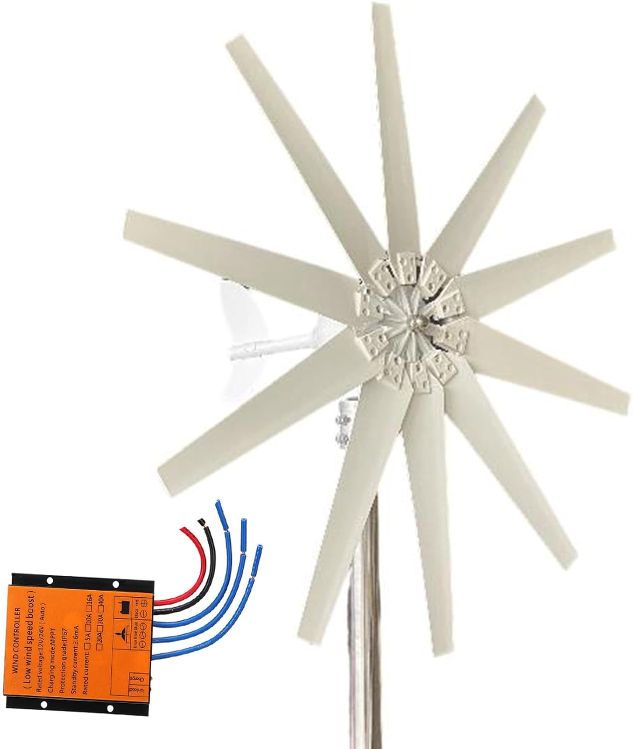 10000W Vertical Axis Wind Turbines Generator, 10 Blades Motor Kit 12V/24V/48V/220V Windmill Energy Charge Turbines (with MPPT Controller)