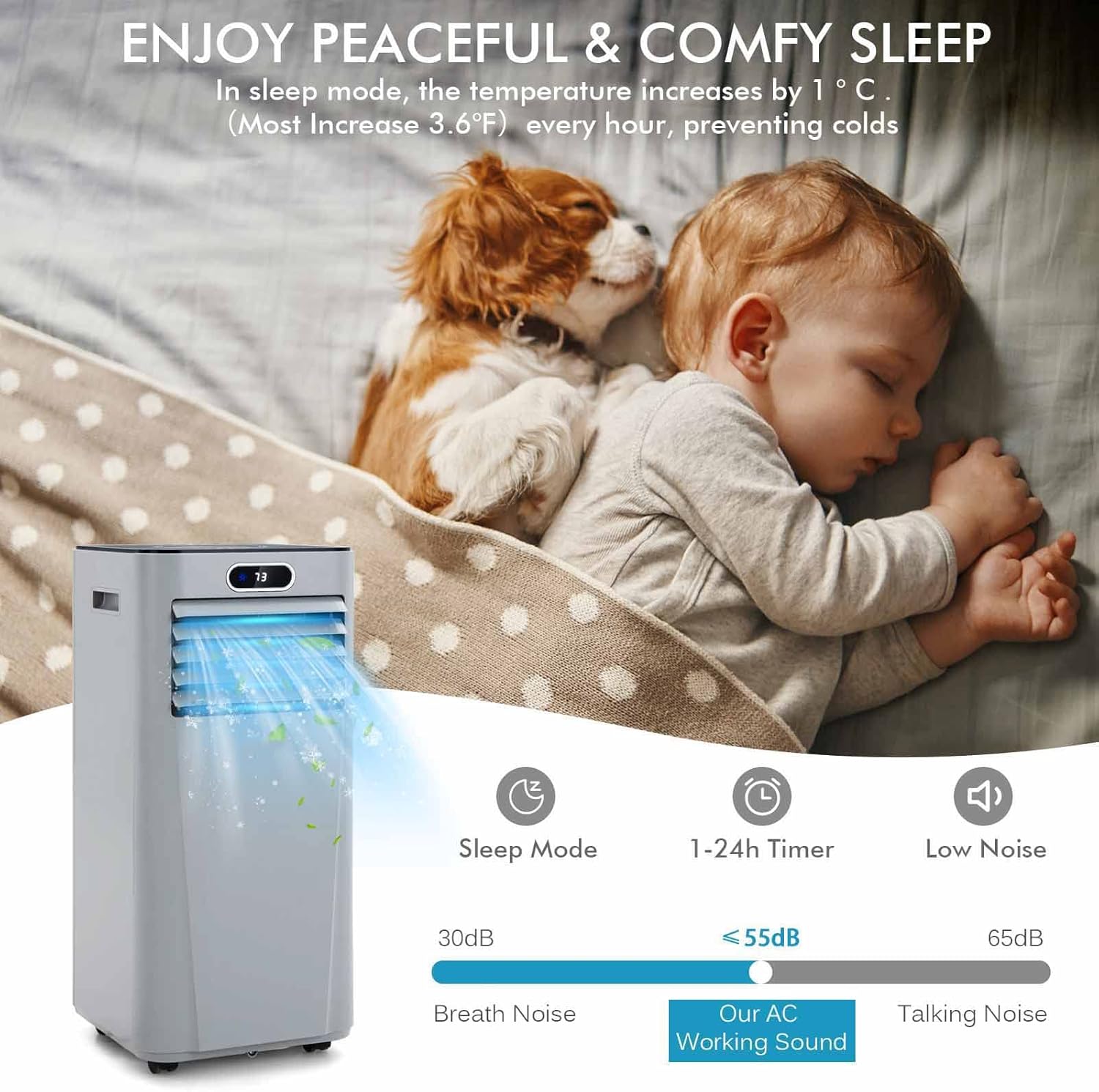 LDAILY Portable Air Conditioner, 8000 BTU for Rooms up to 230 sq.ft, 3-in-1 Evaporative Air Cooler w/Dehumidifying Fan & Remote Control, Sleep Mode, 24H Timer & LED Display (8000 BTU, Grey)