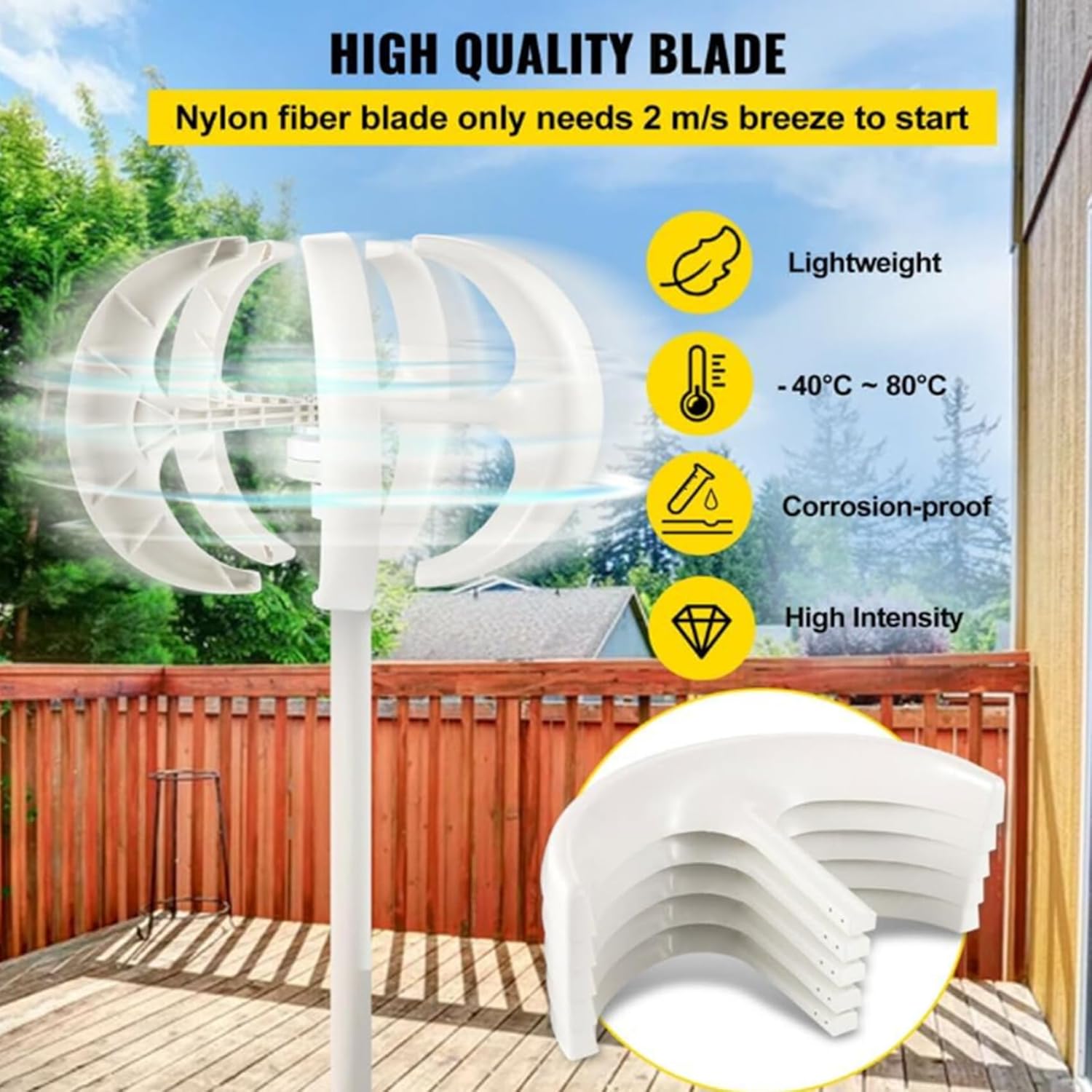 5 Blades No Noise Vertical Wind Generator,9000W 12V 24V 48V 220V Low Start-Up Wind Speed with Controller Hybrid Suitable for Streets/Gardens