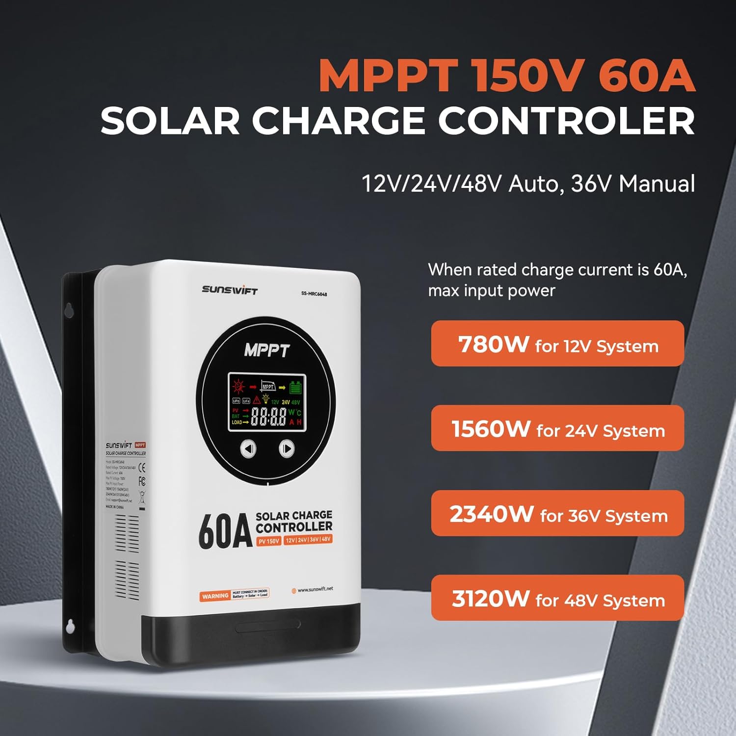 60A MPPT Solar Charge Controller, 12V/24V/36V/48V Auto, Large LCD Display, Compatible with AGM, Gel, Flooded & Lithium Batteries, Plug-and-Play, Maximum 150V Input
