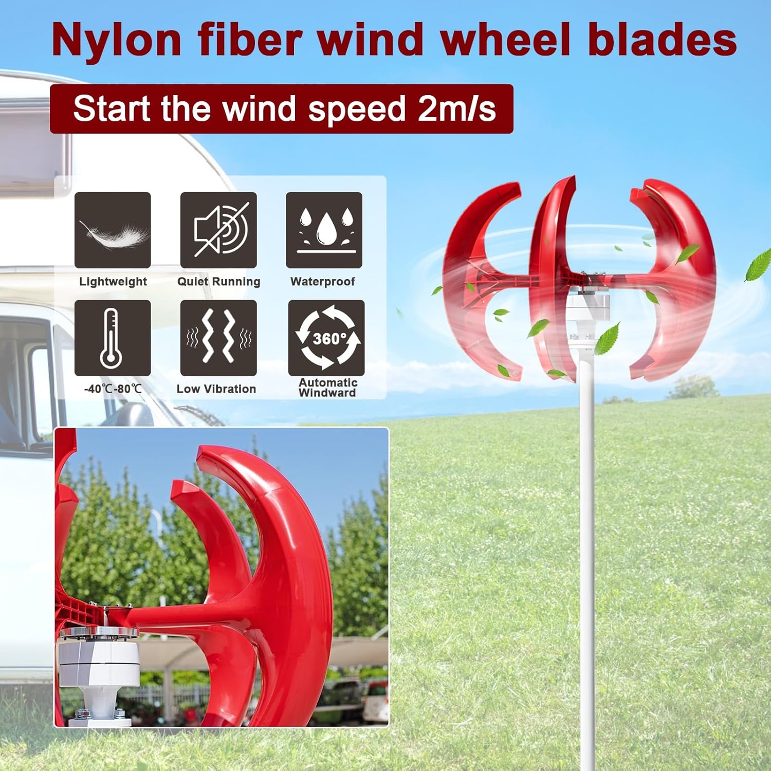 Wind Generator, 1000W 12V/24V Wind Turbines Generator, 5-Blade Lantern Wind Turbines Generator Kit, Electromagnetic Electricity Producer Equipment Red Red