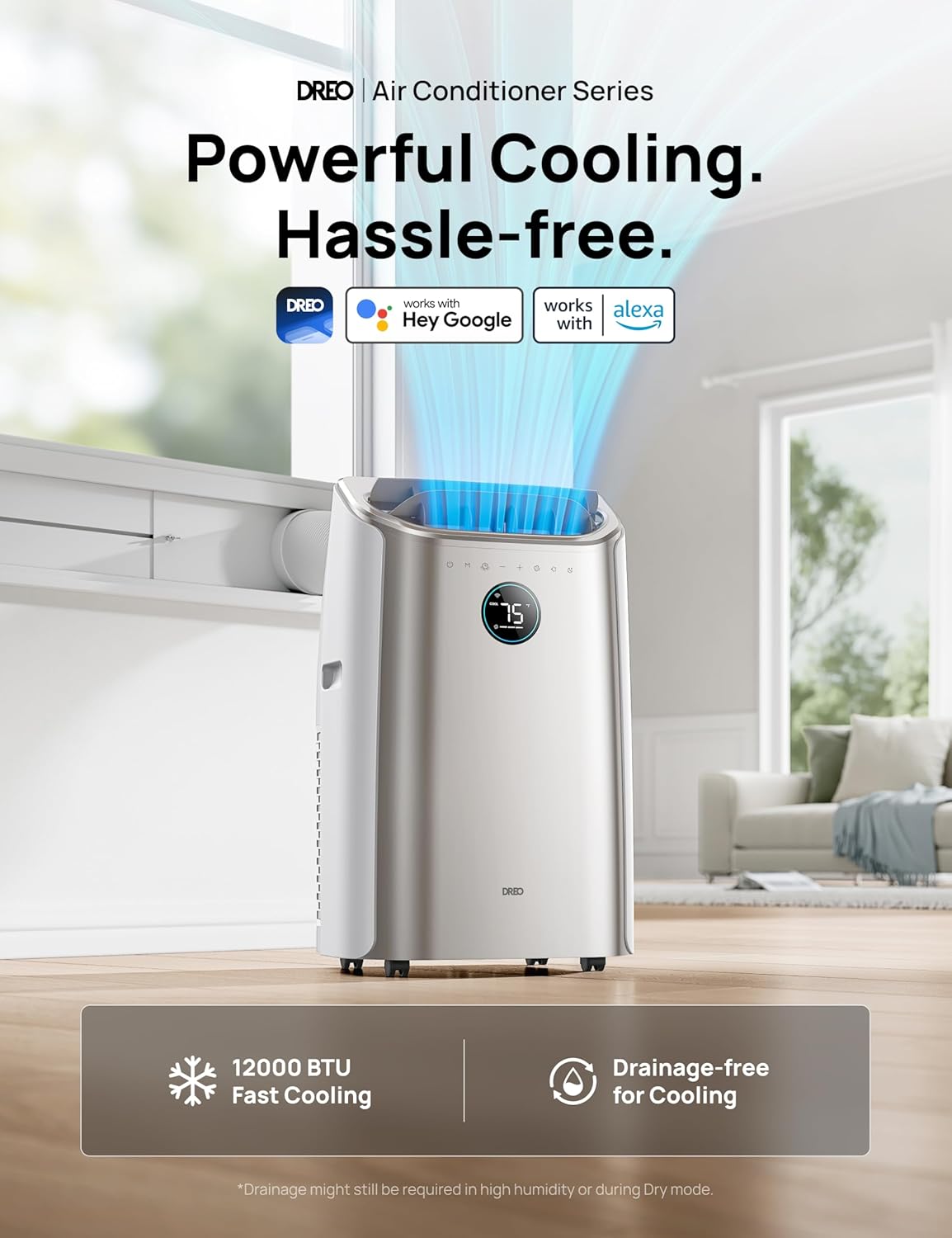 Dreo Portable Air Conditioners, 12,000 BTU AC Unit for Bedroom with Drainage-free Cooling, 46dB Quiet, APP/Voice/Remote, 24h Timer with Fan & Dehumidifier, Smart Standing AC for Room Indoors, AC515S