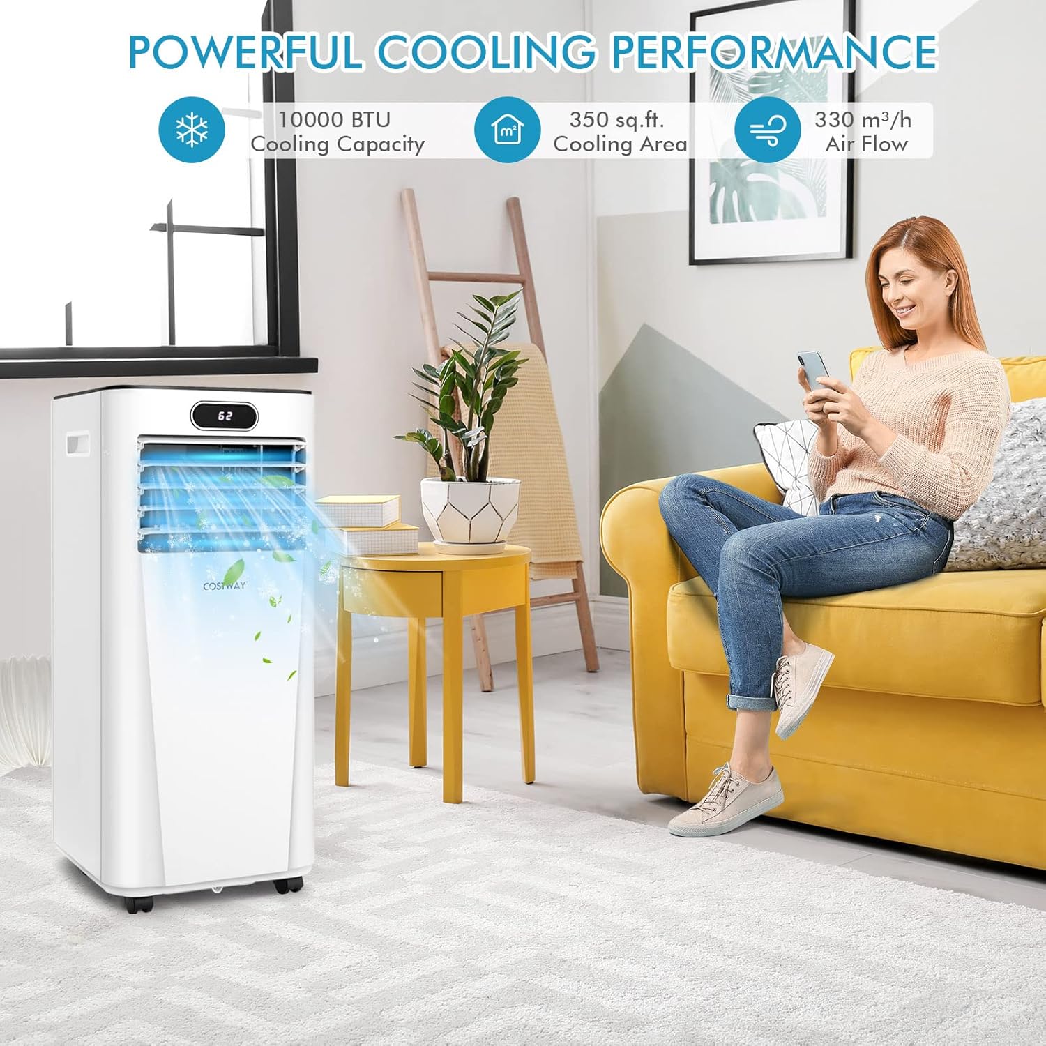 COSTWAY 10000BTU Portable Air Conditioner, with Drying, Fan, Sleep Mode, 2 Speeds, 24H Timer, Cools Room up to 350 Sq. ft, for Room & Office, Window Kit Included (Dark and White)