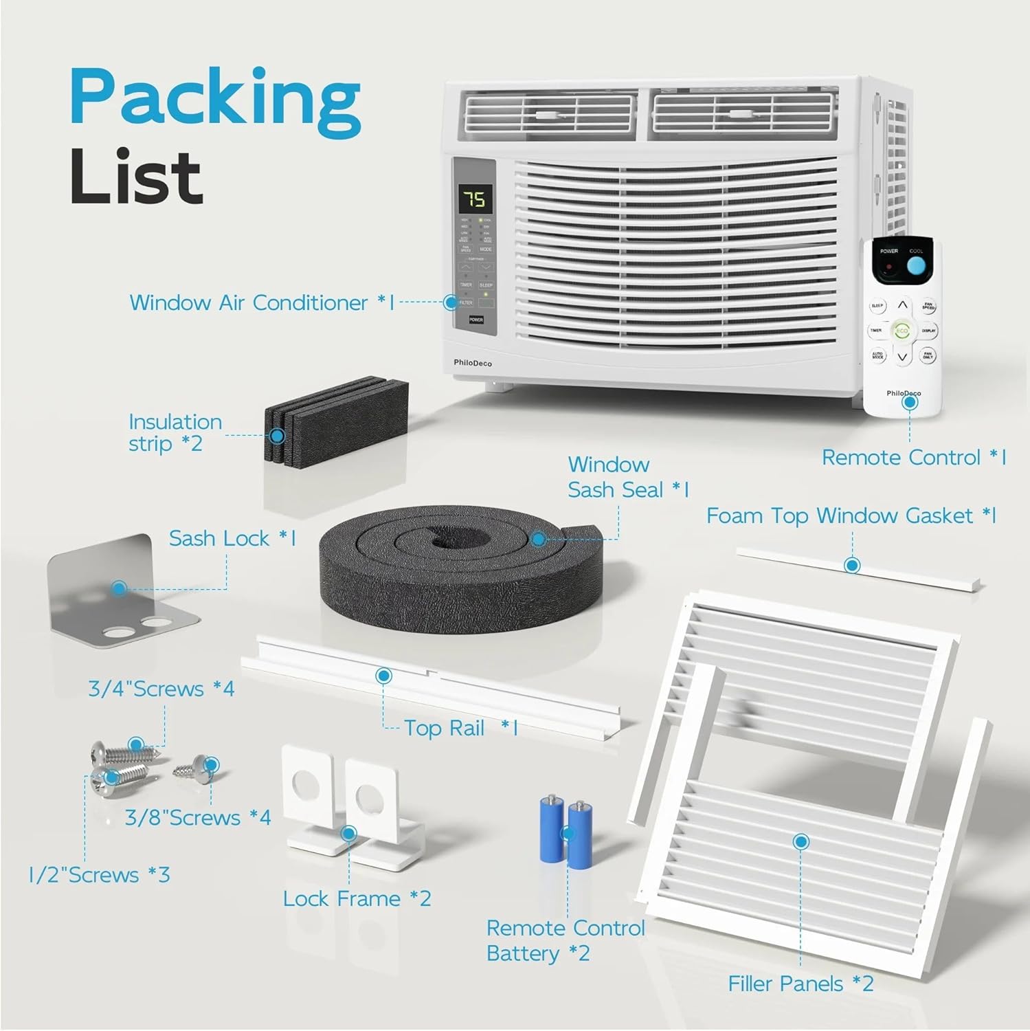 PhiloDeco Window Air Conditioner, 6000 BTU, White, LED Display, Remote Control, Dehumidifier, Fan, Quiet Operation, Energy-Saving, Covers 250 Sq Ft