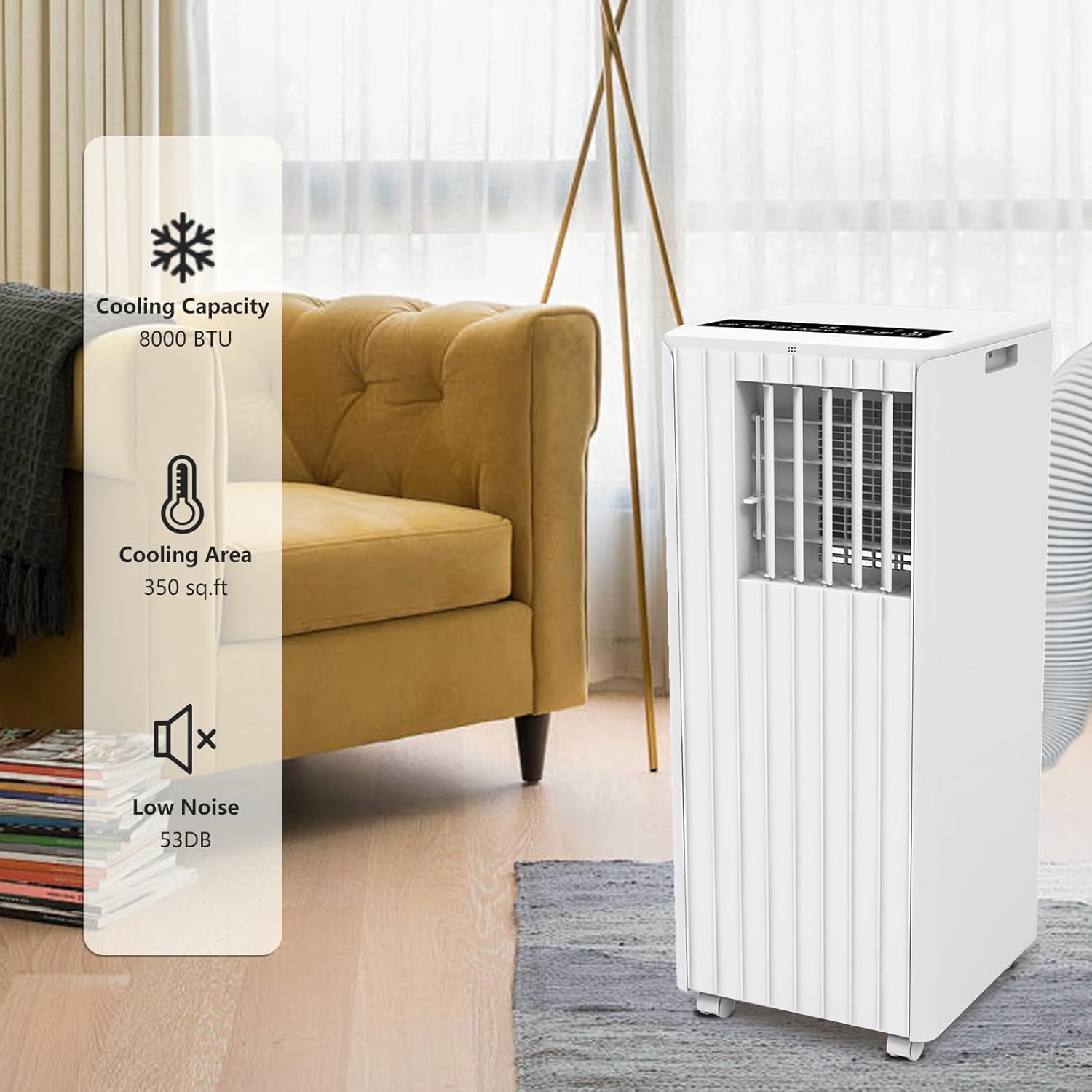 8000 BTU Portable Air Conditioner, Efficient Cooling with Remote Control, 3-in-1 Floor Standing Design, Dehumidifier Function, and Portable Fan, for Home, Office, White