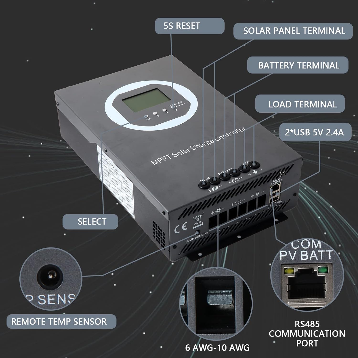 100 Amp MPPT Charge Controller MPPT 12V 24V 36V 48V Auto, 100amp Solar Charge Regulator Max 150V w/LCD Display Work with AGM, Gel, Flooded and Lithium, Max Input Power 5000W