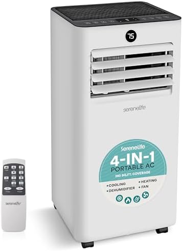 SereneLife 8,000 BTU Portable Air Conditioner and Heater, Small AC with Dehumidifier and Fan, Mini AC Unit with 350 Sq. Ft. Coverage, Includes Remote Control and Window Mount Kit