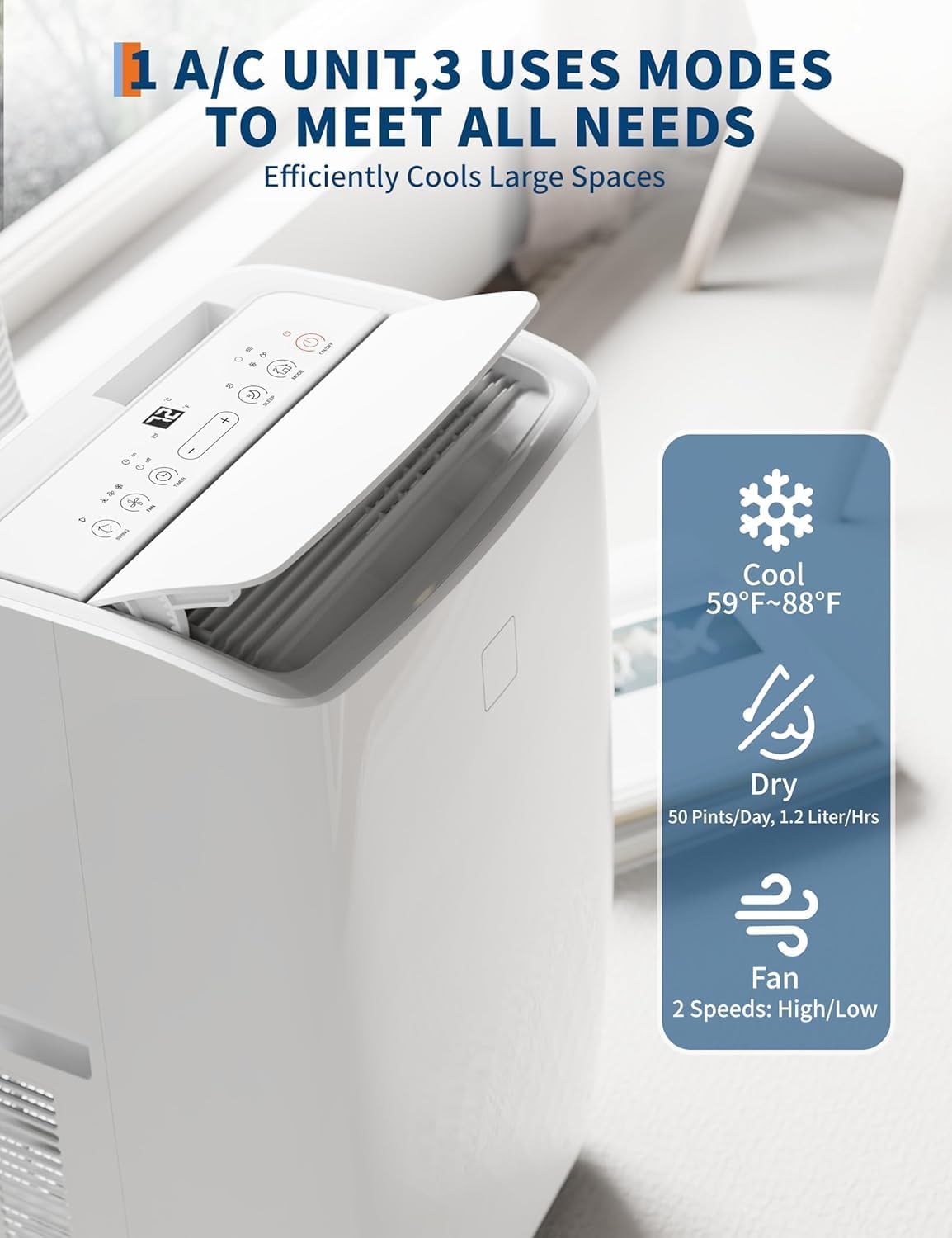 14000 BTU Portable Air Conditioner, 4-In-1 Energy Efficient Room Air Conditioner w/Remote/Fan/Dehumidifier, Cools Areas Up to 750 Sq. Ft. 24-Hour Timer for Living Room/Bedroom, White