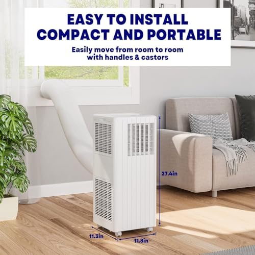 8000 Btu Portable Air Conditioner for Room Up to 350 Sq. Ft. Ac Unit Remote Controlled with Dehumidifier, Fan Mode, Efficient Cooling, Window Mount Exhaust Kit, 24Hrs Timer, White