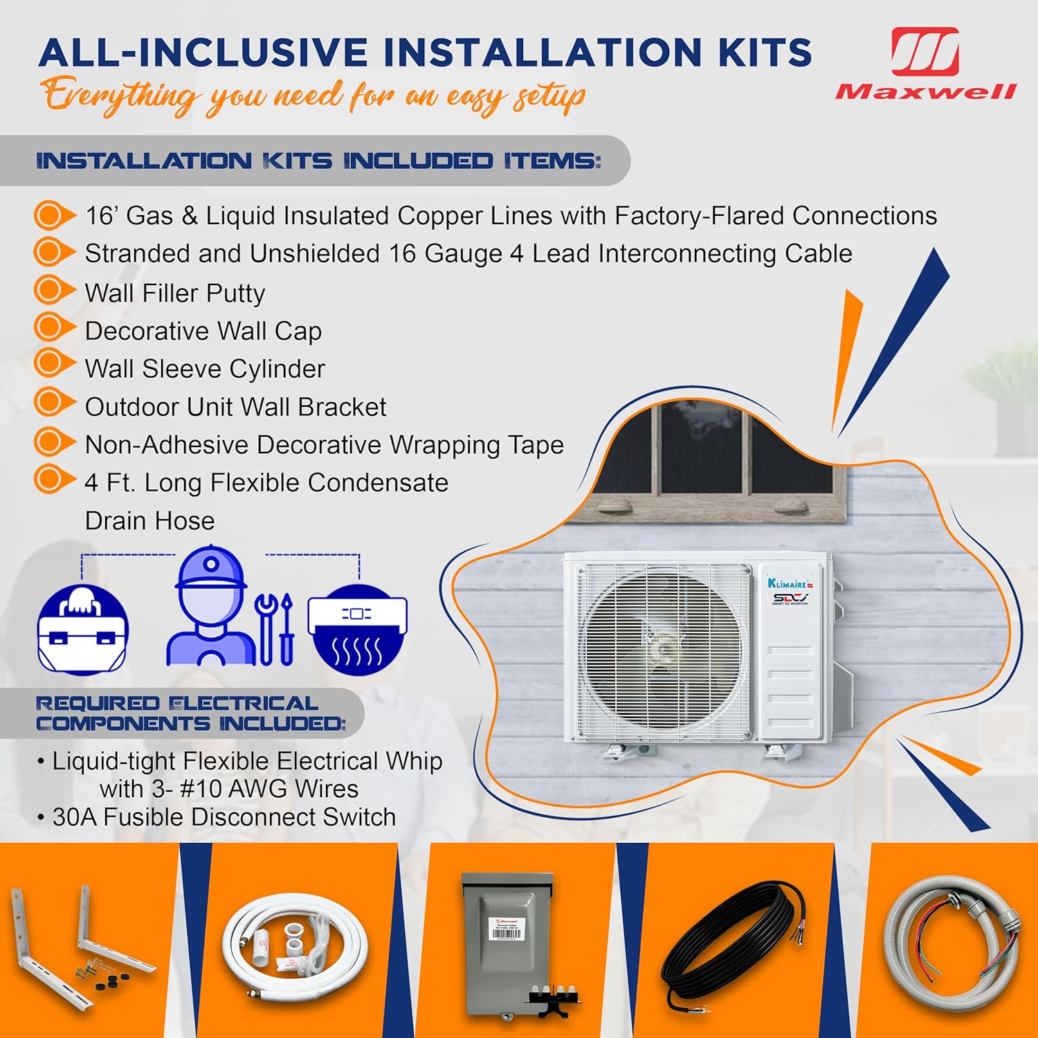 Klimaire 9,000 BTU 23 SEER2 Wall Mounted Ductless Mini Split Inverter A/C Heat Pump System w/ 16’ Installation Kit & Wall Mounting Bracket 115V