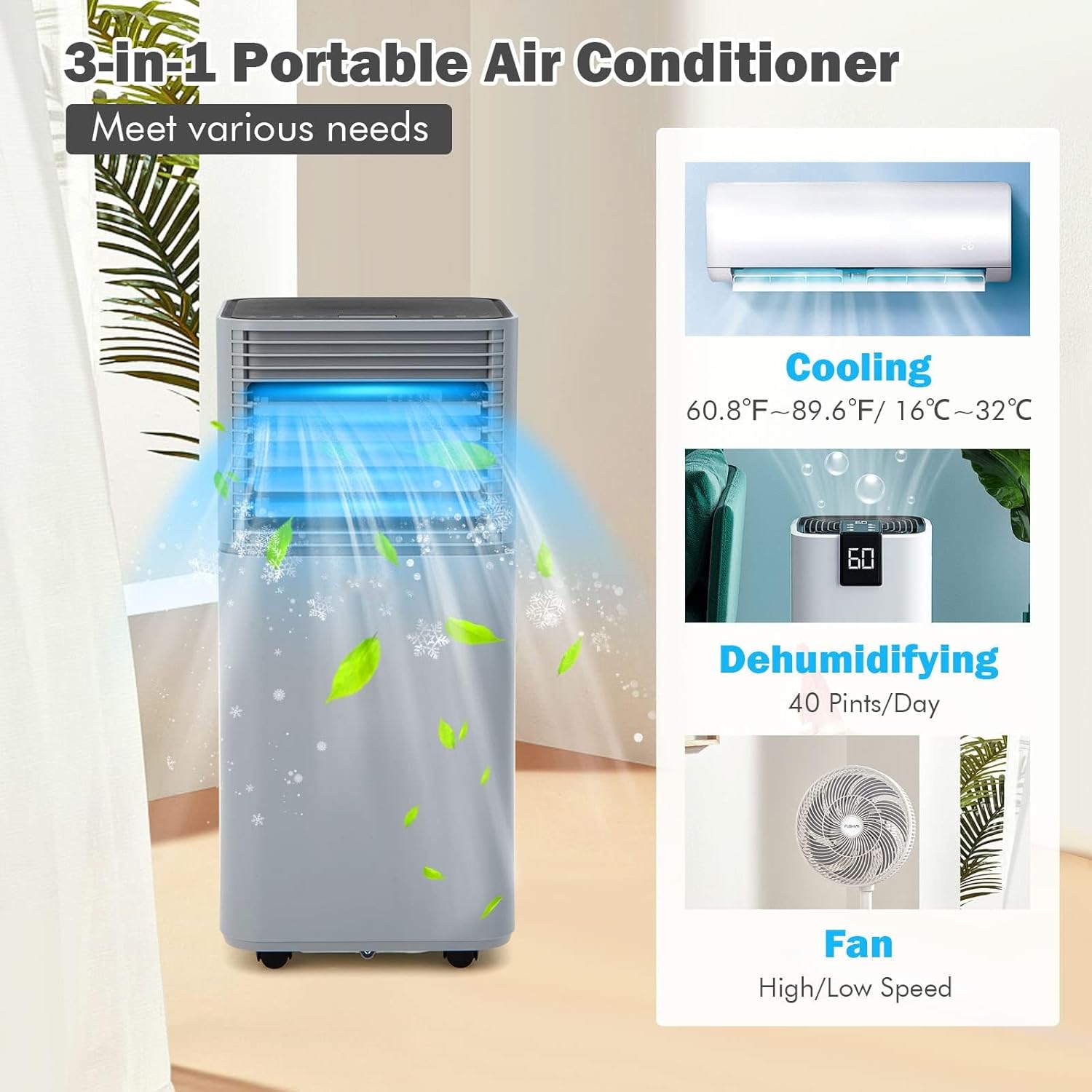 DORTALA Portable Air Conditioners 8000 BTU, AC Cooling Uint with Dehumidifier, Remote Control, 24H Timer & Window Kit, Stand up Air Conditioner for Bedroom, Dorm, Cools up to 230 sq.ft, Grey
