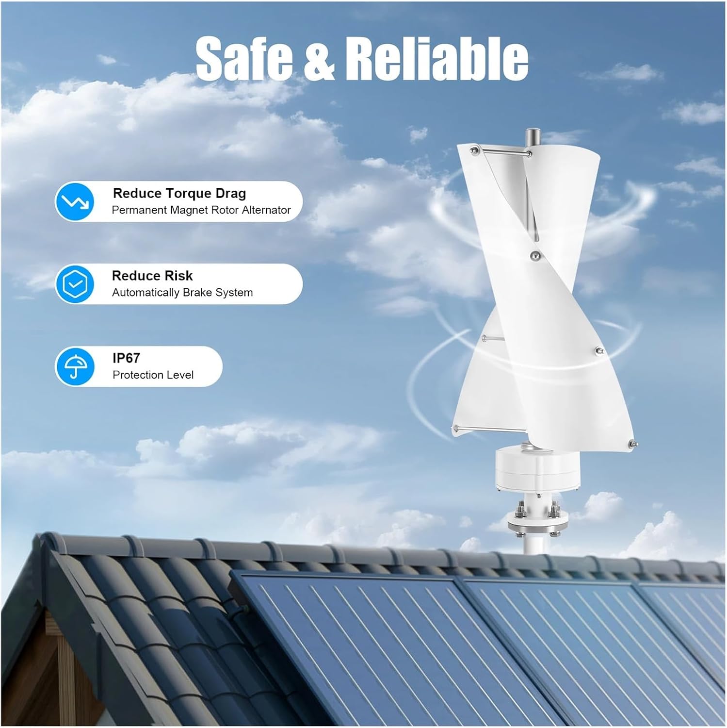 Wind Generator, 12V/24V Vertical Axis Wind Portable Generator Maximum Power 100W IP67 Energy for Home RVs,Wind Turbine(White-and-Blue-12V)