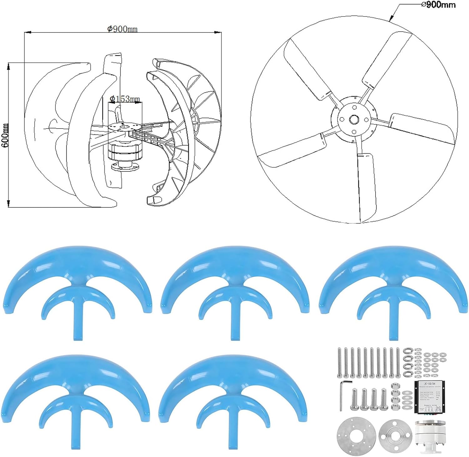 10000W Vertical Wind Turbine Generator Kit - 12V/24V 5 Blade AC PM Generator, Perfect for Home & Street Lighting, Complete with Controller, Durable Blue Design