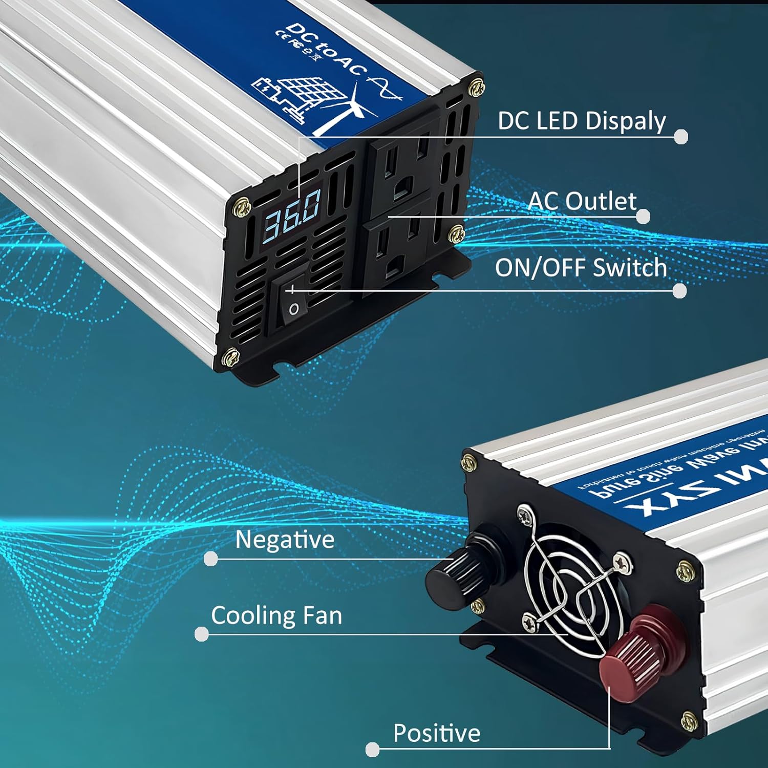 1000W Pure Sine Wave Power Inverter DC 36V to AC 110V/120V, 2000W Peak, Car/Truck Power Converter for Solar, Home, Vehicle & Rechargeable Devices with LED Display