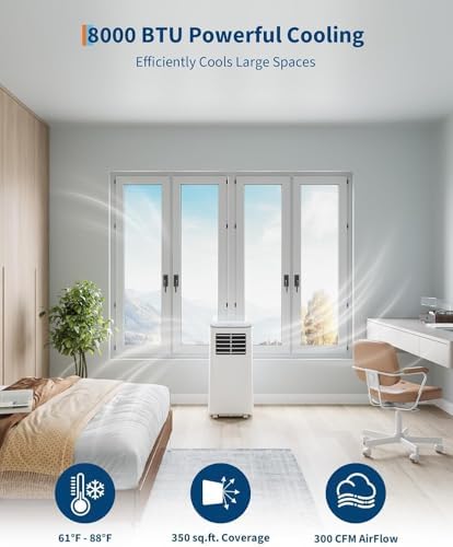 8000 BTU Portable Air Conditioner - Cools Rooms Up to 350 Sq.Ft, 3 in-1 AC with Dehumidifier & Fan for Bedroom, Large Room | Includes Window Vent Kit