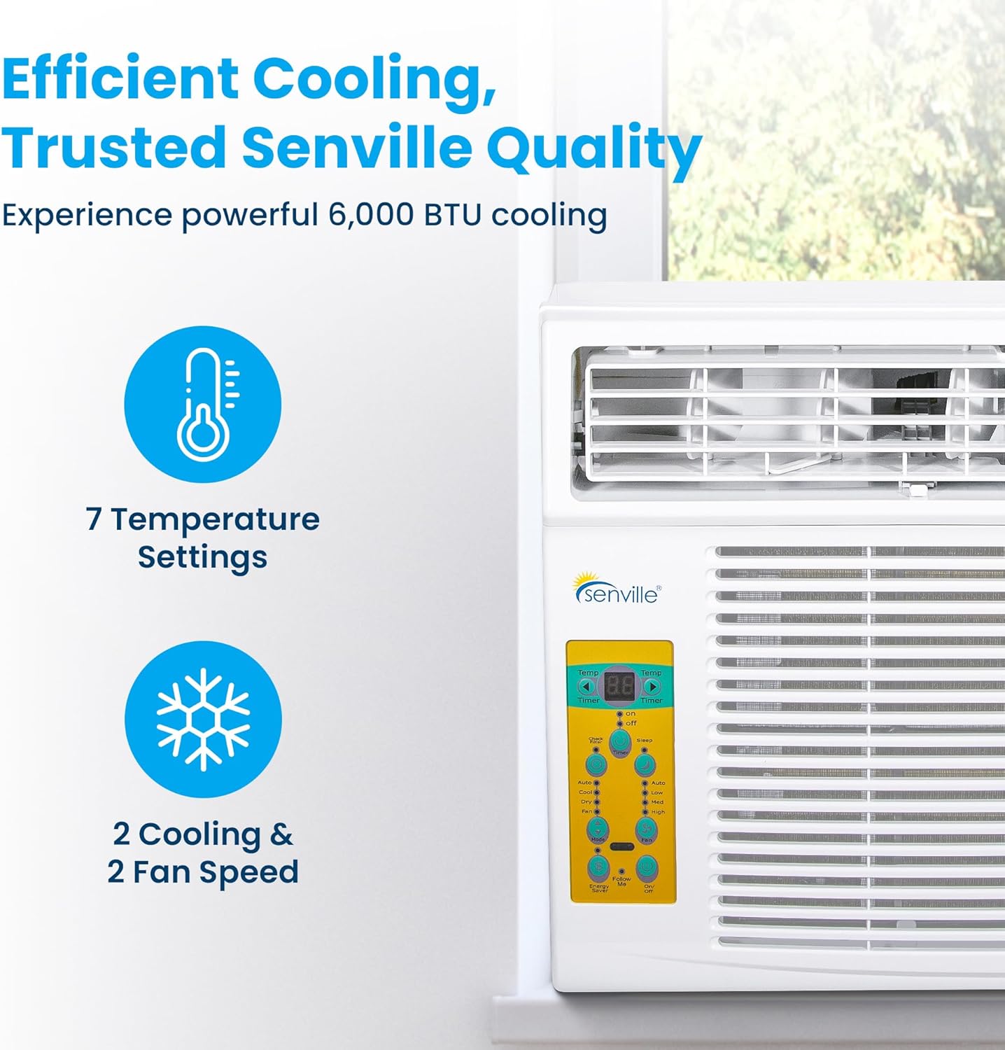 Senville 6,000 BTU Window Air Conditioner, Cools Up to 250 Sq. Ft., Easy to Use, Washable Filter