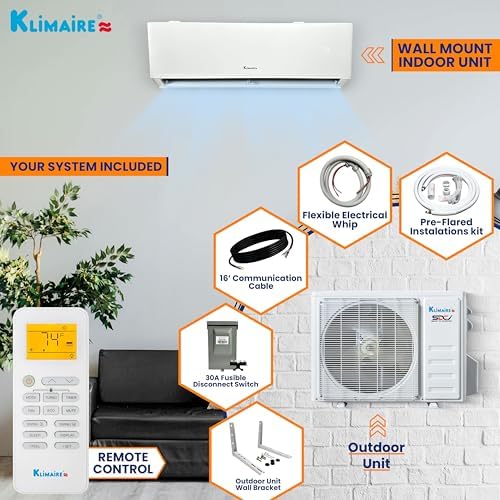Klimaire 9,000 BTU 23 SEER2 Wall Mounted Ductless Mini Split Inverter A/C Heat Pump System w/ 16’ Installation Kit & Wall Mounting Bracket 115V