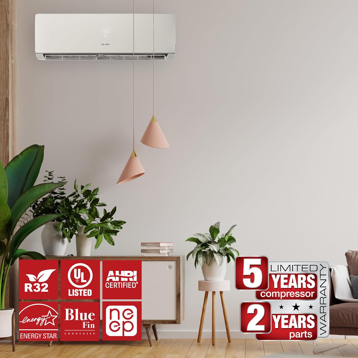 OLMO 12,000 BTU 115V Ductless Mini Split Air Conditioner & Heat Pump – 17.4 SEER2 – 16FT Installation Kit Included – Inverter System – Pre-Charged with R-32