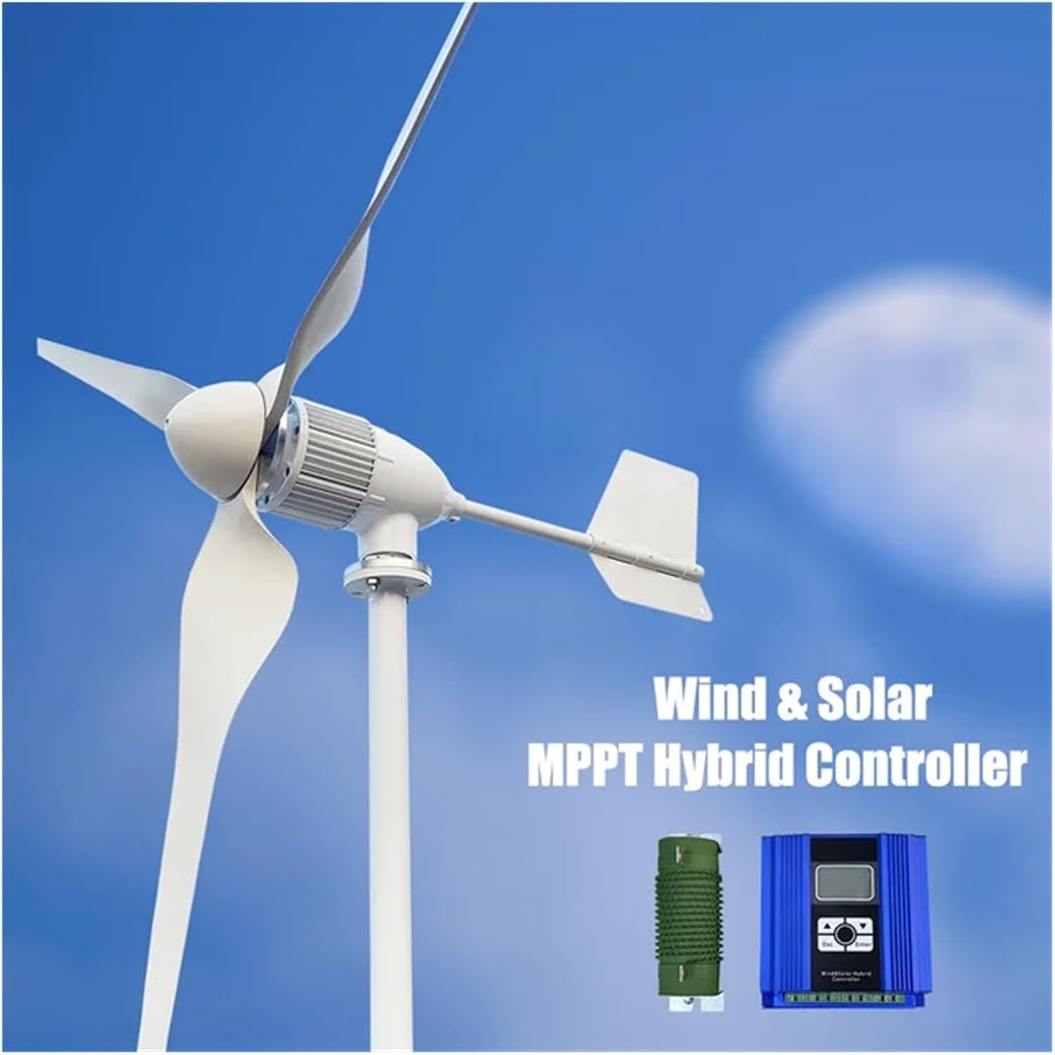 High Power 6KW Horizontal Axis Wind Turbine Generator Magnetic Generator 24V 48V 96V Home Appliance Farm Industrial Energy(with Hybrid Charger,24V)