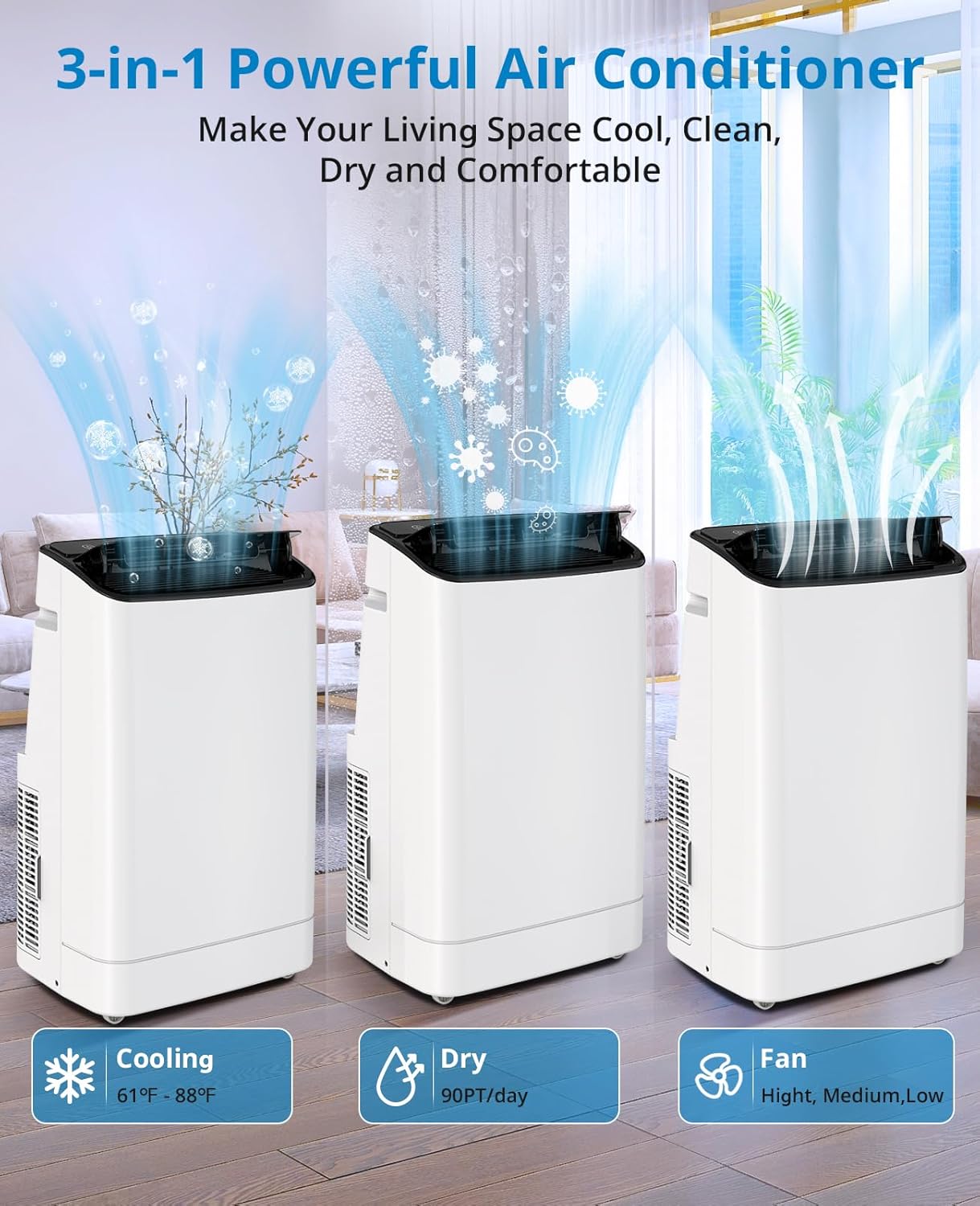 14,000 BTUs Portable Air Conditioner for Room Up to 350 Sq.Ft, 3 in-1 Quiet Cooling AC Unit with Remote Control, Fan & Dehumidifier, Remote Control, 24H Timer, Smart Sleep Mode