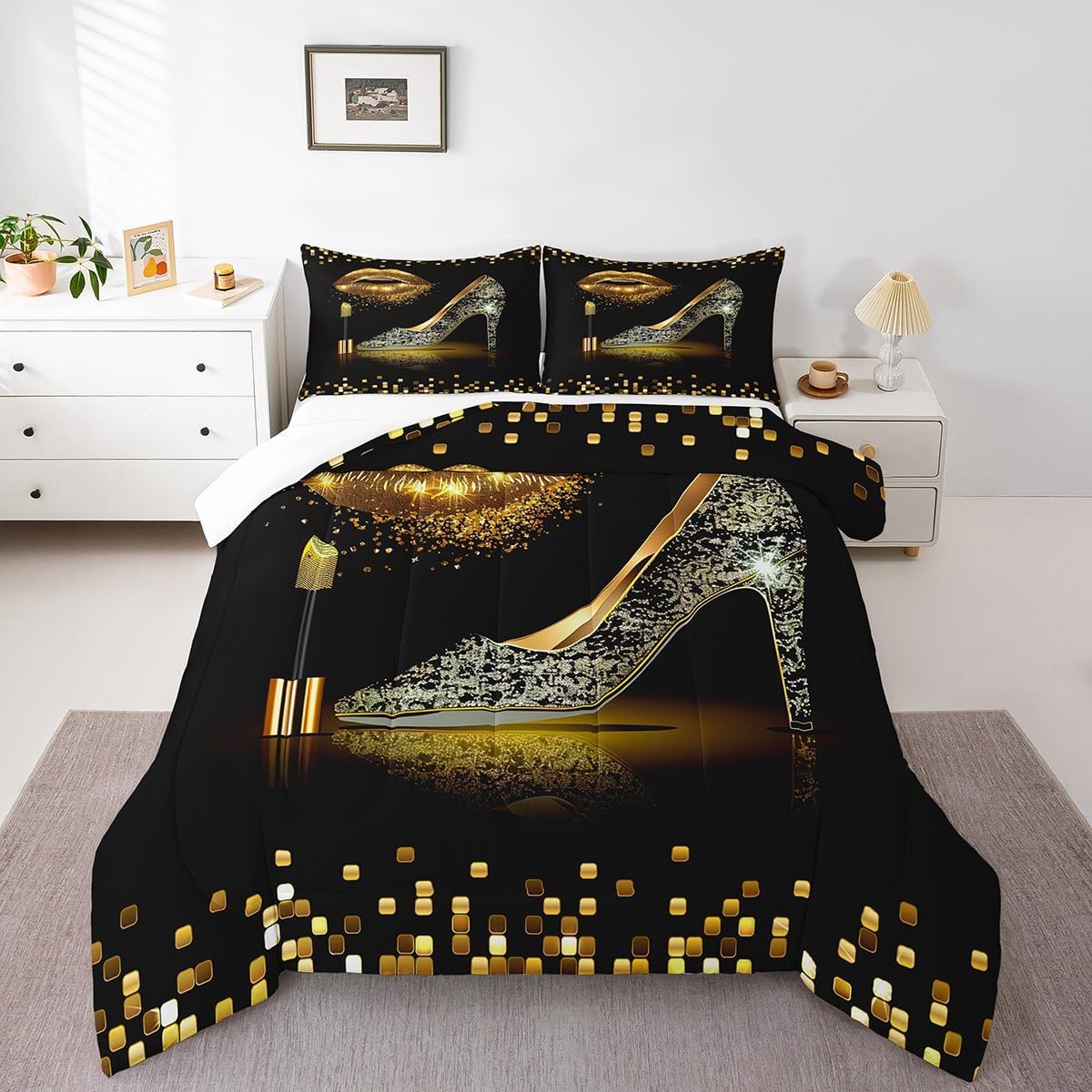 Manfei Gold Glitter Lips Comforter Set King Size, Black Golden High-Heeled Shoes Bedding Set 3pcs for Boys Girls Room Decor, Geometric Grid Quilt Set Fashion Duvet Set with 2 Pillowcases