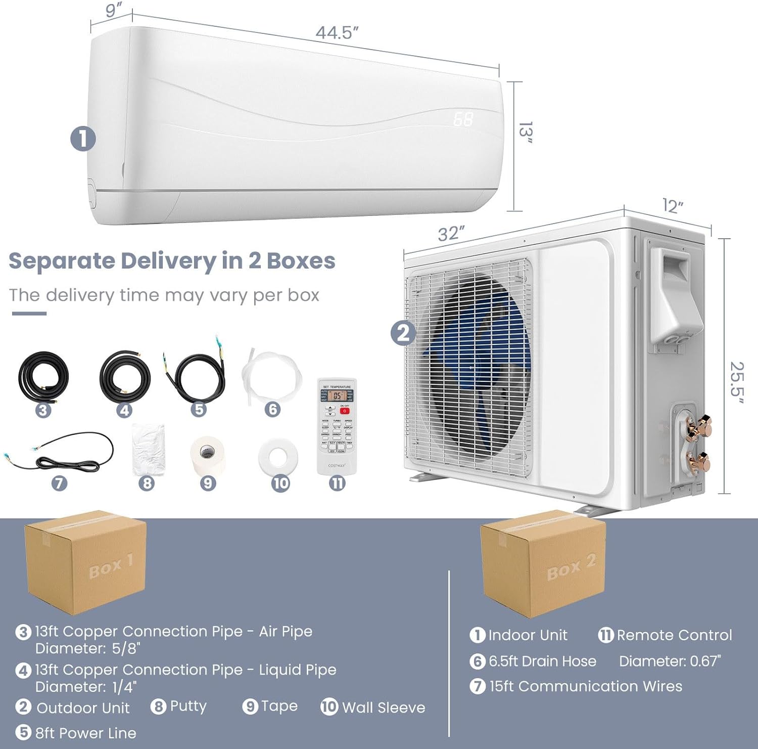 KOTEK 24000 BTU Mini Split AC/Heating System, 18.5 SEER2 Inverter Ductless AC Unit, Cools Up to 1500 Sq. Ft, Wall Mounted Air Conditioner w/Heat Pump, Installation Kit(24000BTU, 208-230V, 18.5 SEER2)