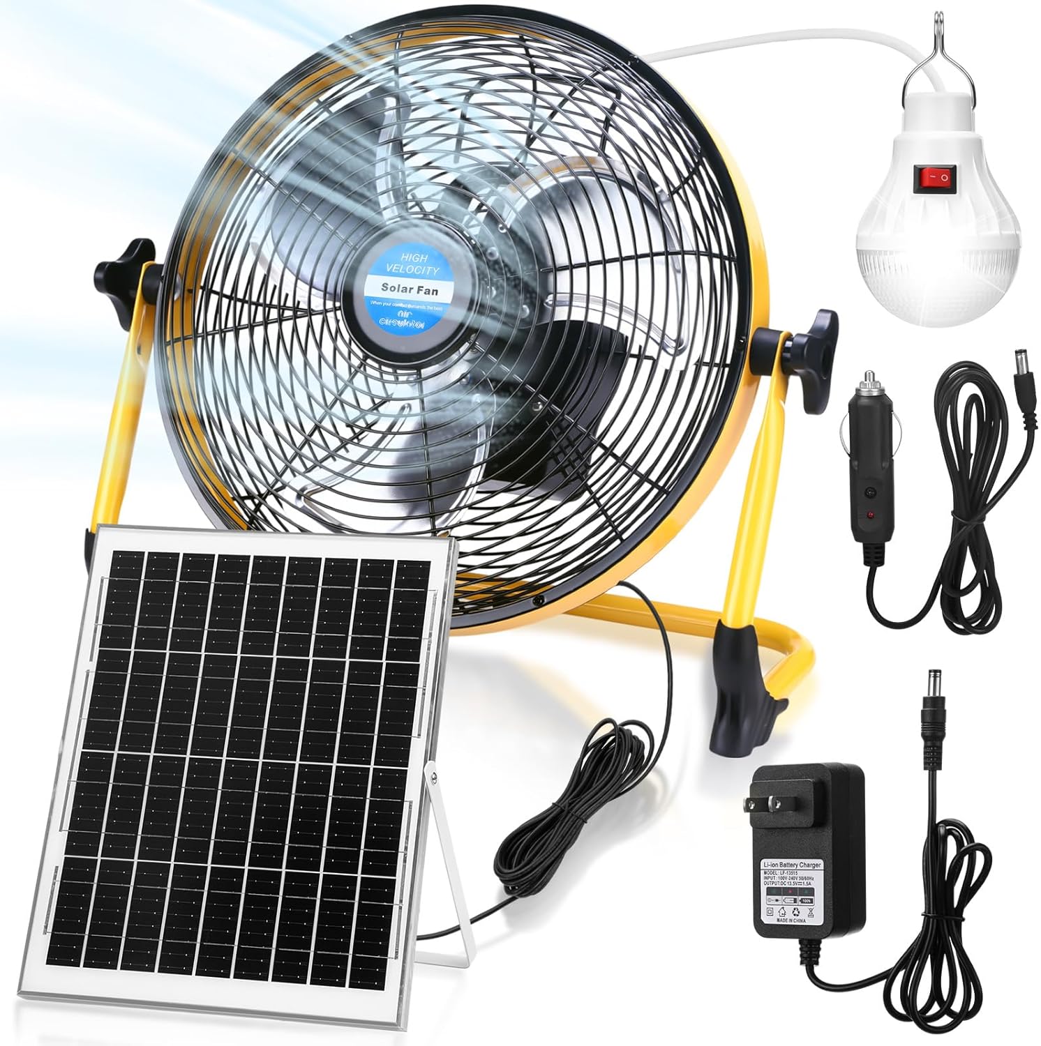 Sumind 12 Inch Solar Powered Fan 15000mah 20w Portable Ventilador Rechargeable Camping Fan Battery Powered with Panel and Light for Outside, Home, Travel, Chicken Coop, Shed, Greenhouse