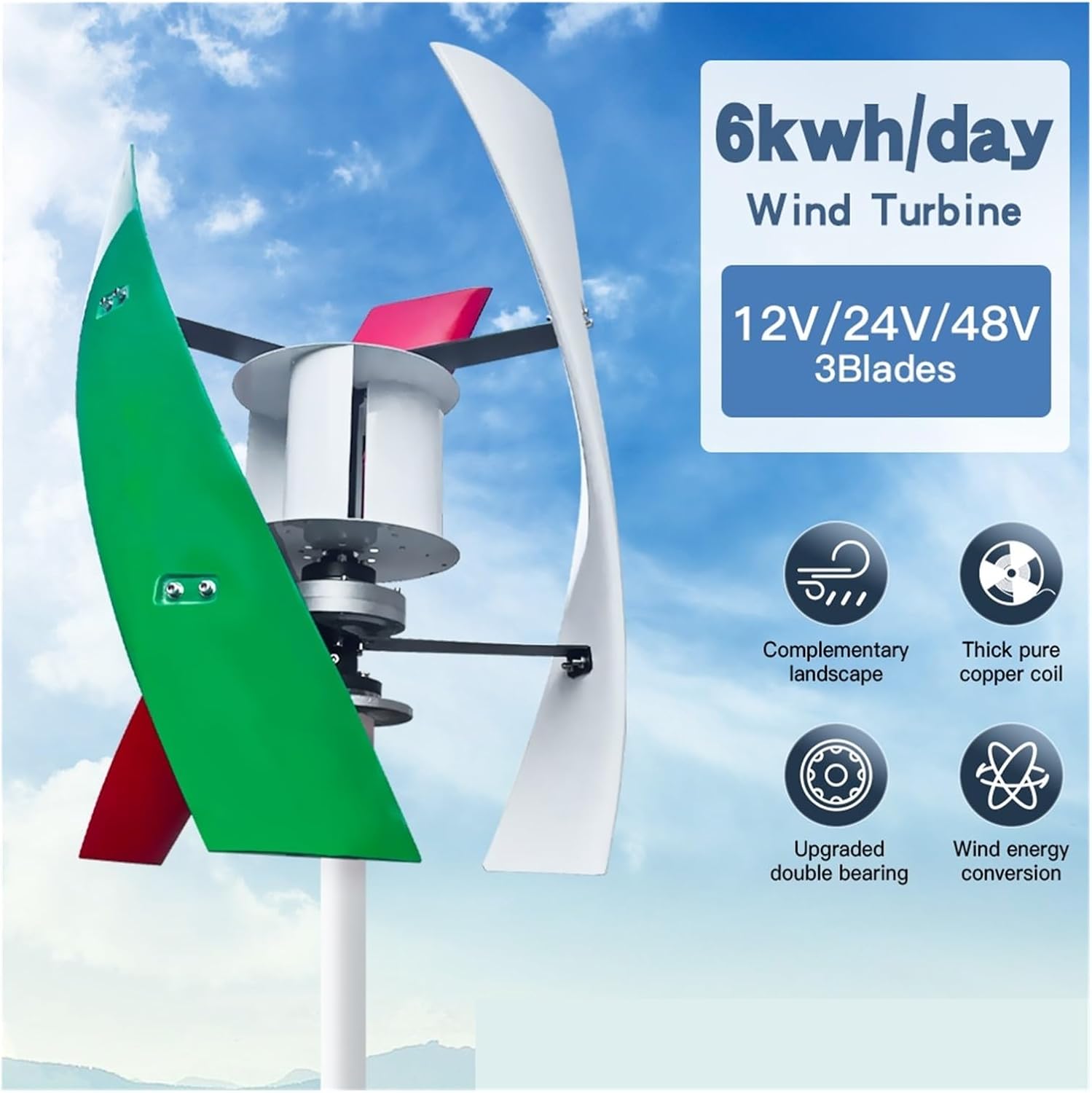 5KW 24V 48V Vertical Axis Low-Speed Wind Turbine with Energy and Low Noise for Household Use Industrial Energy(with Off Grid System,12V_5000W)