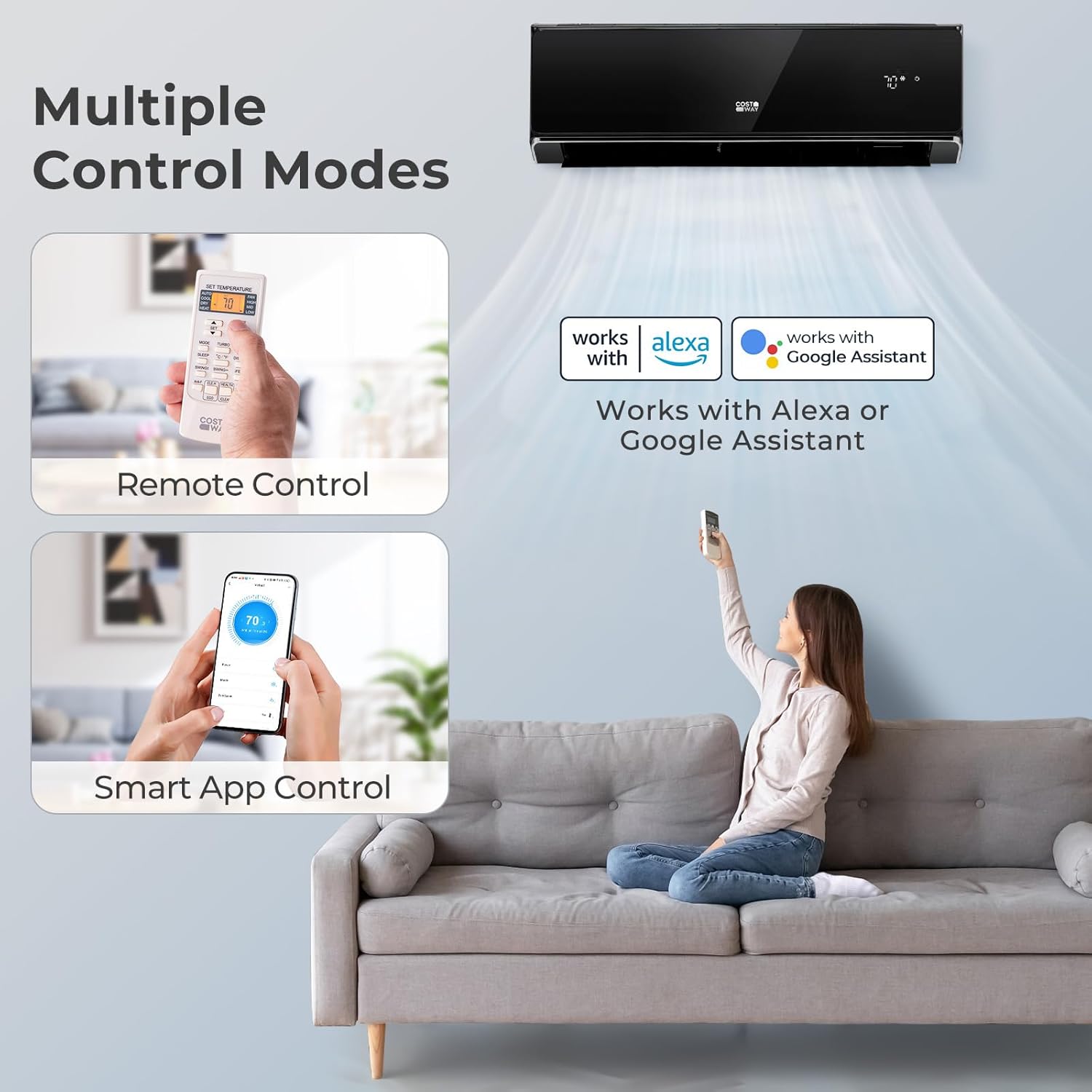 COSTWAY 12000 BTU Wifi Enabled Mini Split Air Conditioner & Heater, 22 SEER2 208-230V Inverter AC Unit Cools up to 750 Sq. Ft, Energy Efficient, Heat Pump (Black, 12000BTU, 208-230V, 22 SEER2-WIFI)